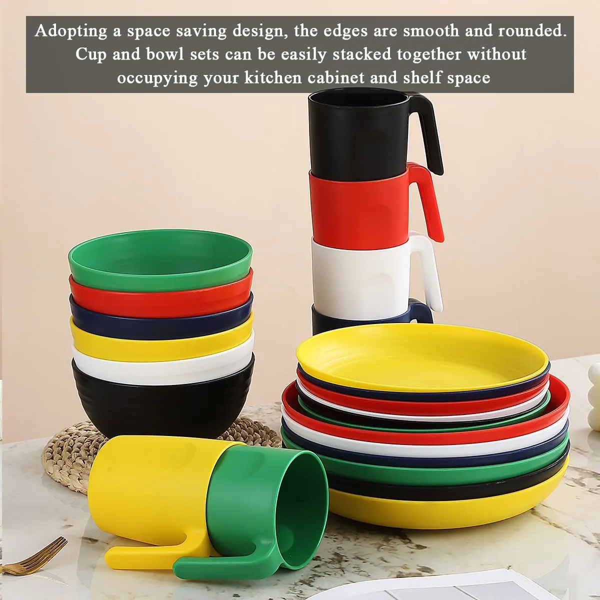 Berglander Plastic Dinnerware Sets 24pcs Service for 6, Reusable Plates and Bowls Sets, Dish Set Include Dinner Plates, Dessert Plate, Cereal Bowls, Cups for Home, Garden, Picnic, Camping