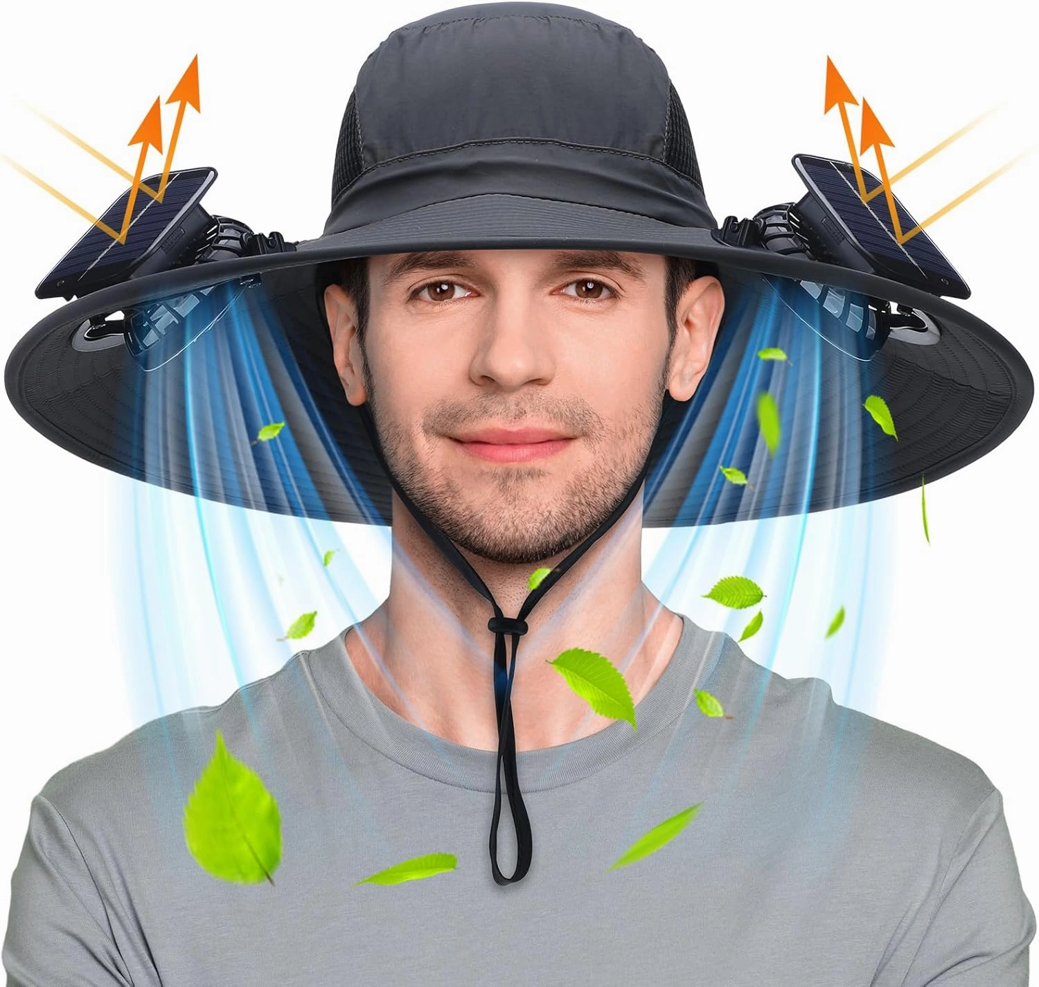 Berlune Men Sun Hat with 2 Solar Fan Fishing Wide Brim Sun Hat for Outdoor Summer Camping Beach, USB & Solar Powered