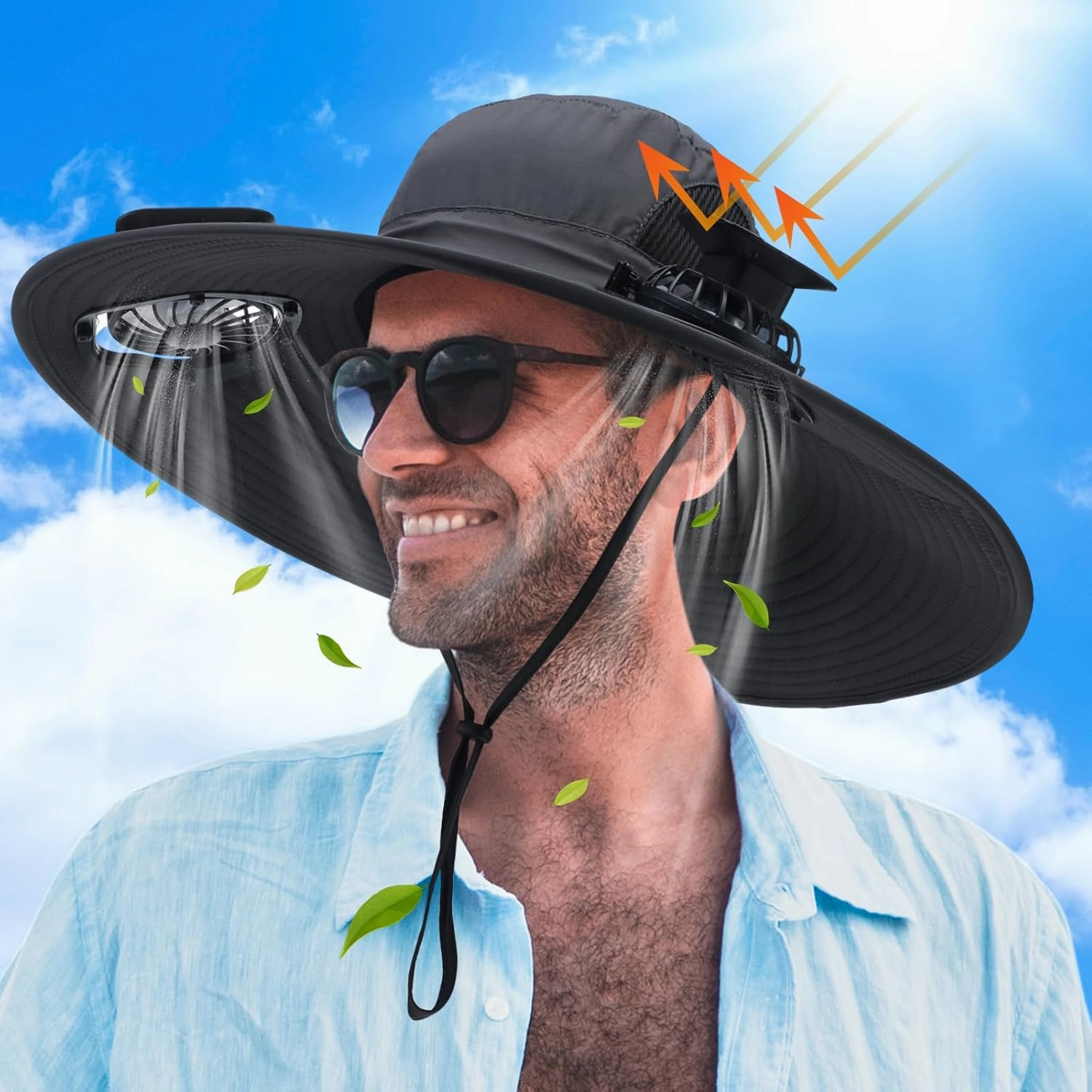 Berlune Men Sun Hat with 2 Solar Fan Fishing Wide Brim Sun Hat for Outdoor Summer Camping Beach, USB & Solar Powered