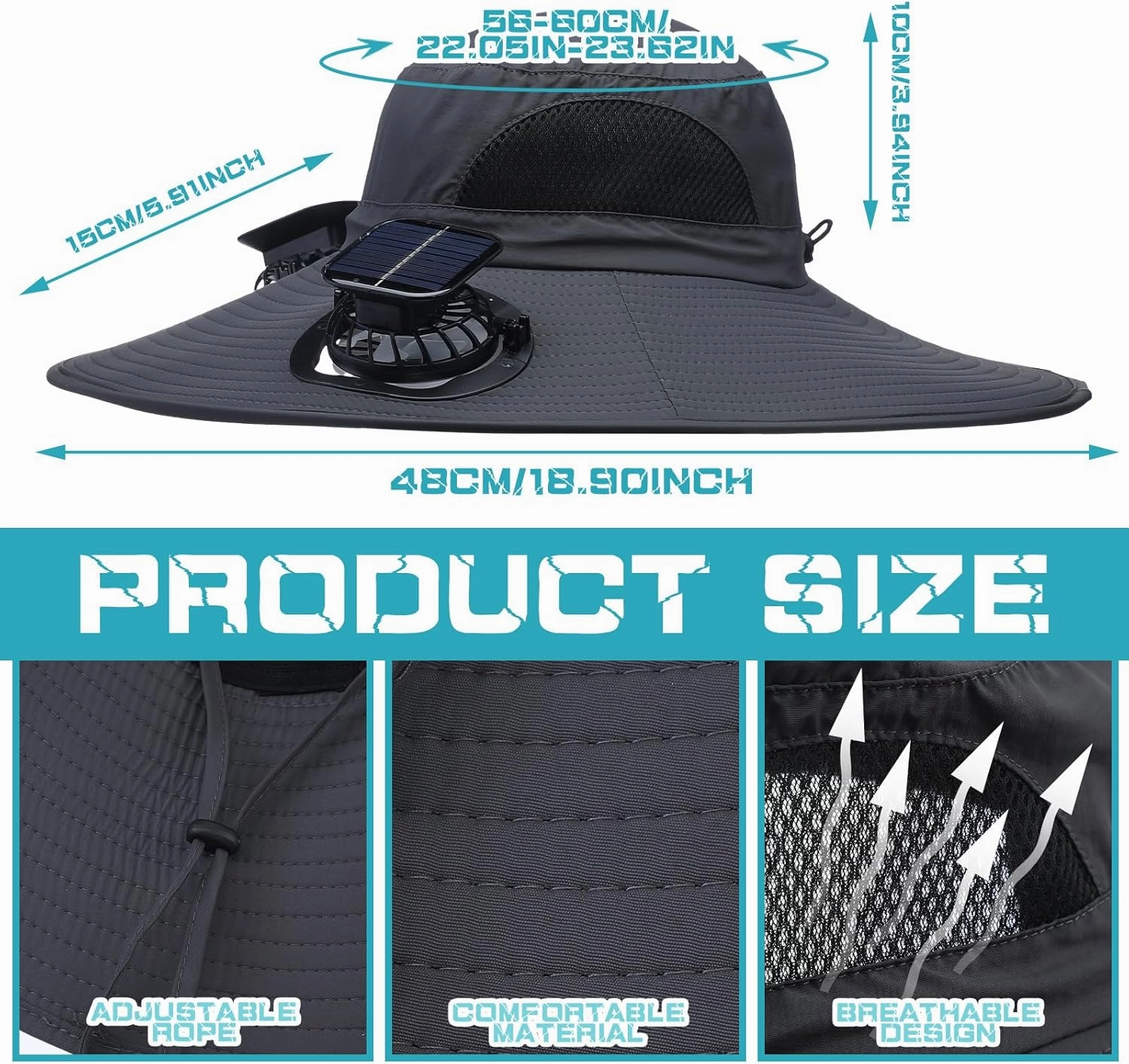 Berlune Men Sun Hat with 2 Solar Fan Fishing Wide Brim Sun Hat for Outdoor Summer Camping Beach, USB & Solar Powered