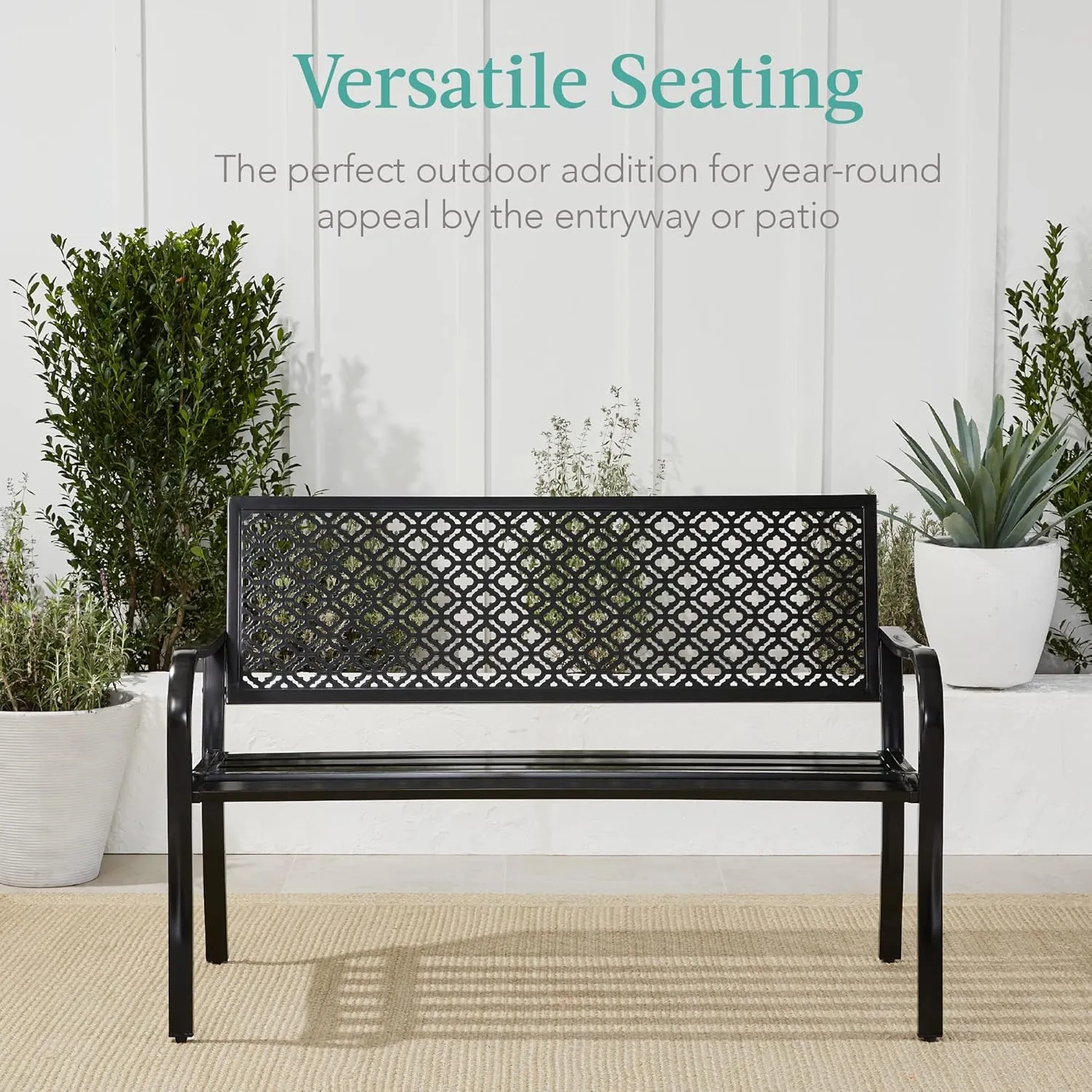Best Choice Products Outdoor Bench 2-Person Metal Steel Benches Furniture for Garden, Patio, Porch, Entryway w/Geometric Backrest, 790lb Capacity – Black
