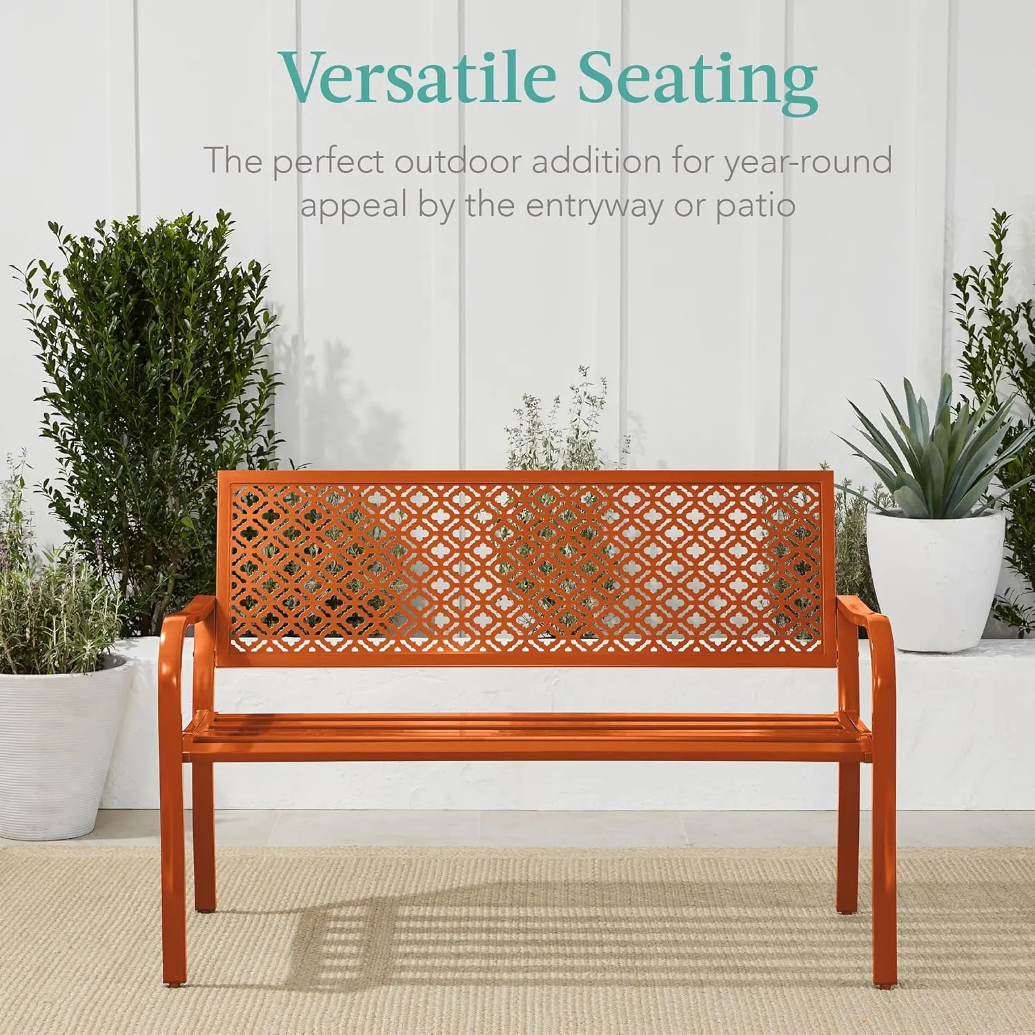 Best Choice Products Outdoor Bench 2-Person Metal Steel Benches Furniture for Garden, Patio, Porch, Entryway w/Geometric Backrest, 790lb Capacity - Carrot
