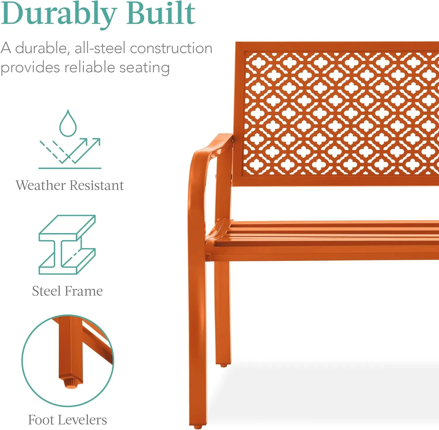 Best Choice Products Outdoor Bench 2-Person Metal Steel Benches Furniture for Garden, Patio, Porch, Entryway w/Geometric Backrest, 790lb Capacity - Carrot