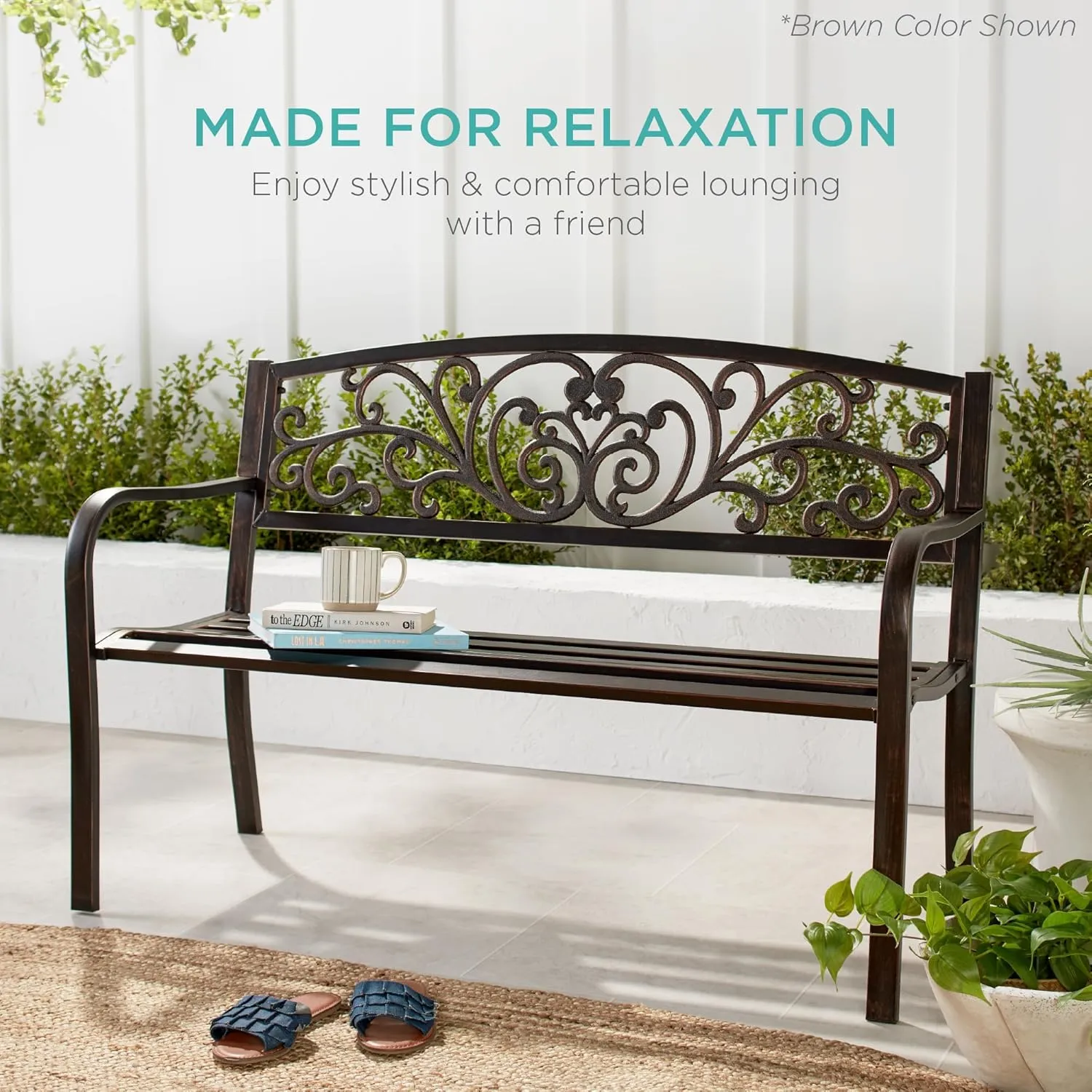 Best Choice Products Outdoor Bench Steel Garden Patio Porch Furniture for Lawn, Park, Deck w/Floral Design Backrest, Slatted Seat - Dark Green
