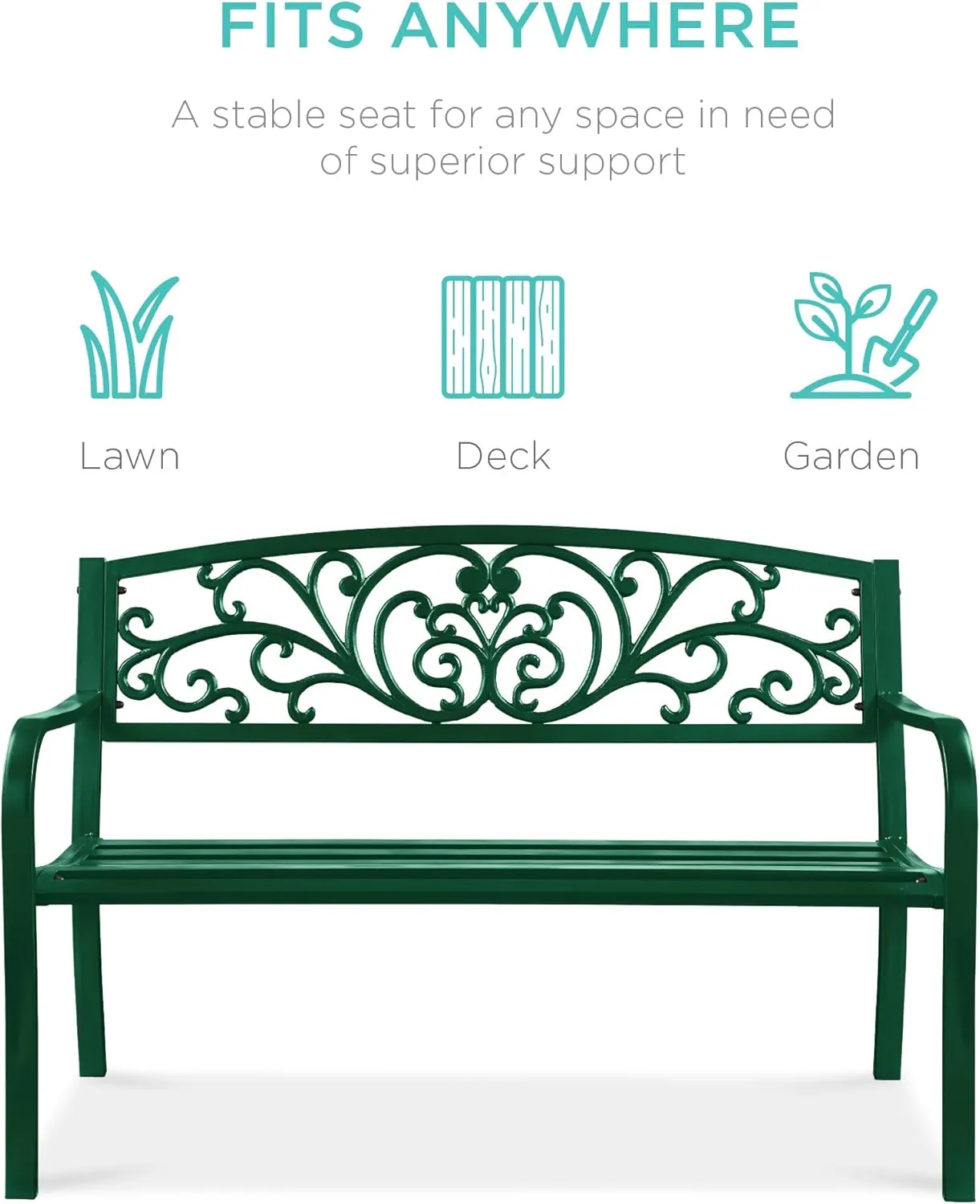 Best Choice Products Outdoor Bench Steel Garden Patio Porch Furniture for Lawn, Park, Deck w/Floral Design Backrest, Slatted Seat - Dark Green