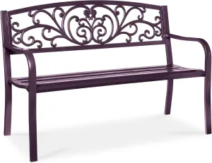Best Choice Products Outdoor Bench Steel Garden Patio Porch Furniture for Lawn, Park, Deck w/Floral Design Backrest, Slatted Seat - Purple