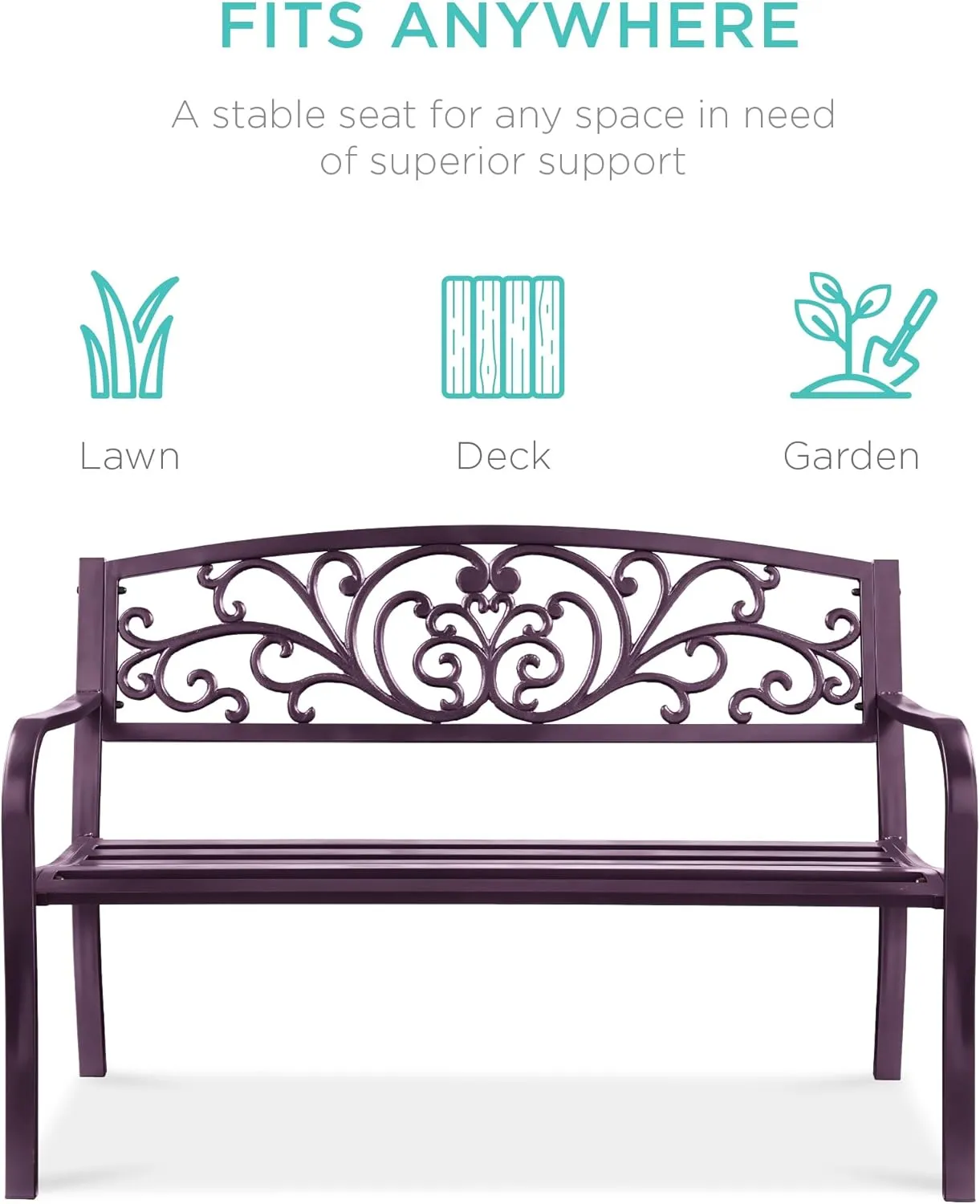 Best Choice Products Outdoor Bench Steel Garden Patio Porch Furniture for Lawn, Park, Deck w/Floral Design Backrest, Slatted Seat - Purple