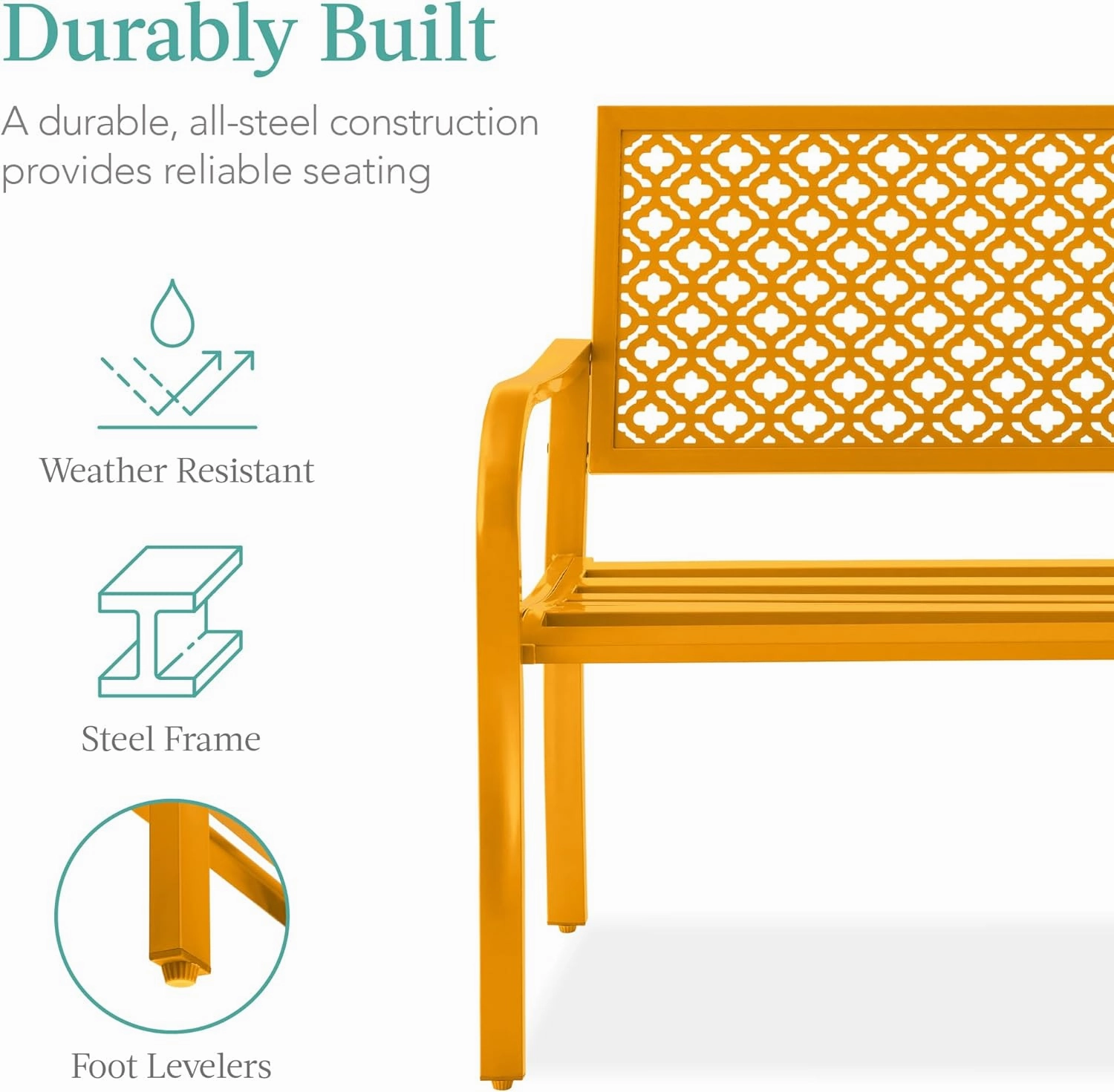 Best Choice Products Outdoor Bench 2-Person Metal Steel Benches Furniture for Garden, Patio, Porch, Entryway w/Geometric Backrest, 790lb Capacity - Marigold