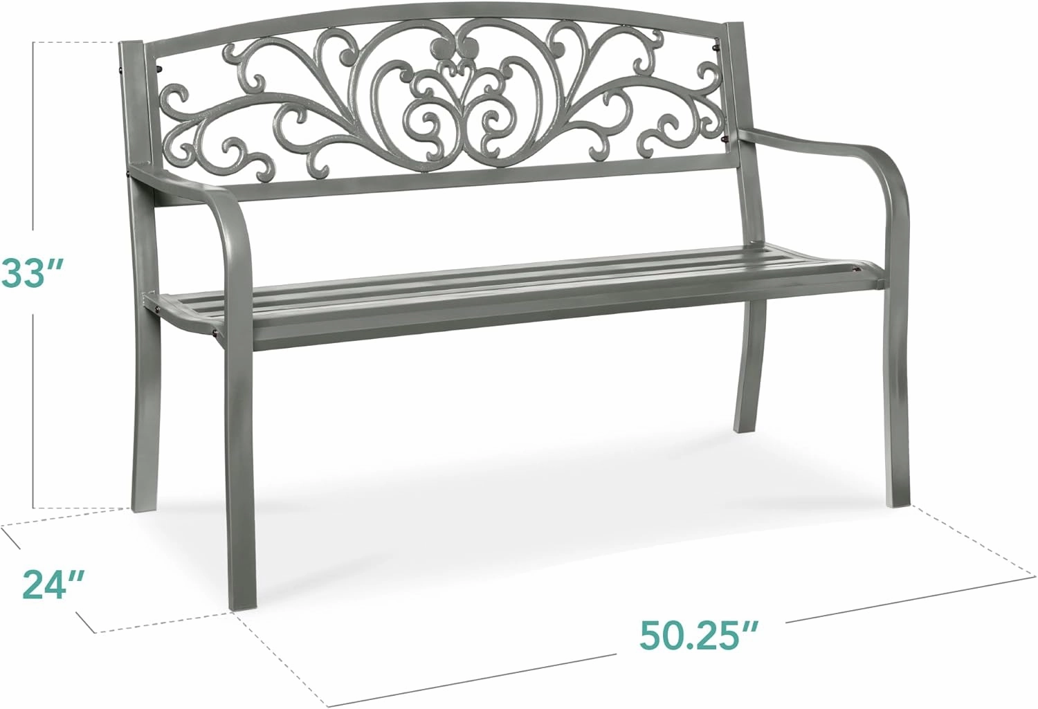 Best Choice Products Outdoor Bench Steel Garden Patio Porch Furniture for Lawn, Park, Deck w/Floral Design Backrest, Slatted Seat - Gray