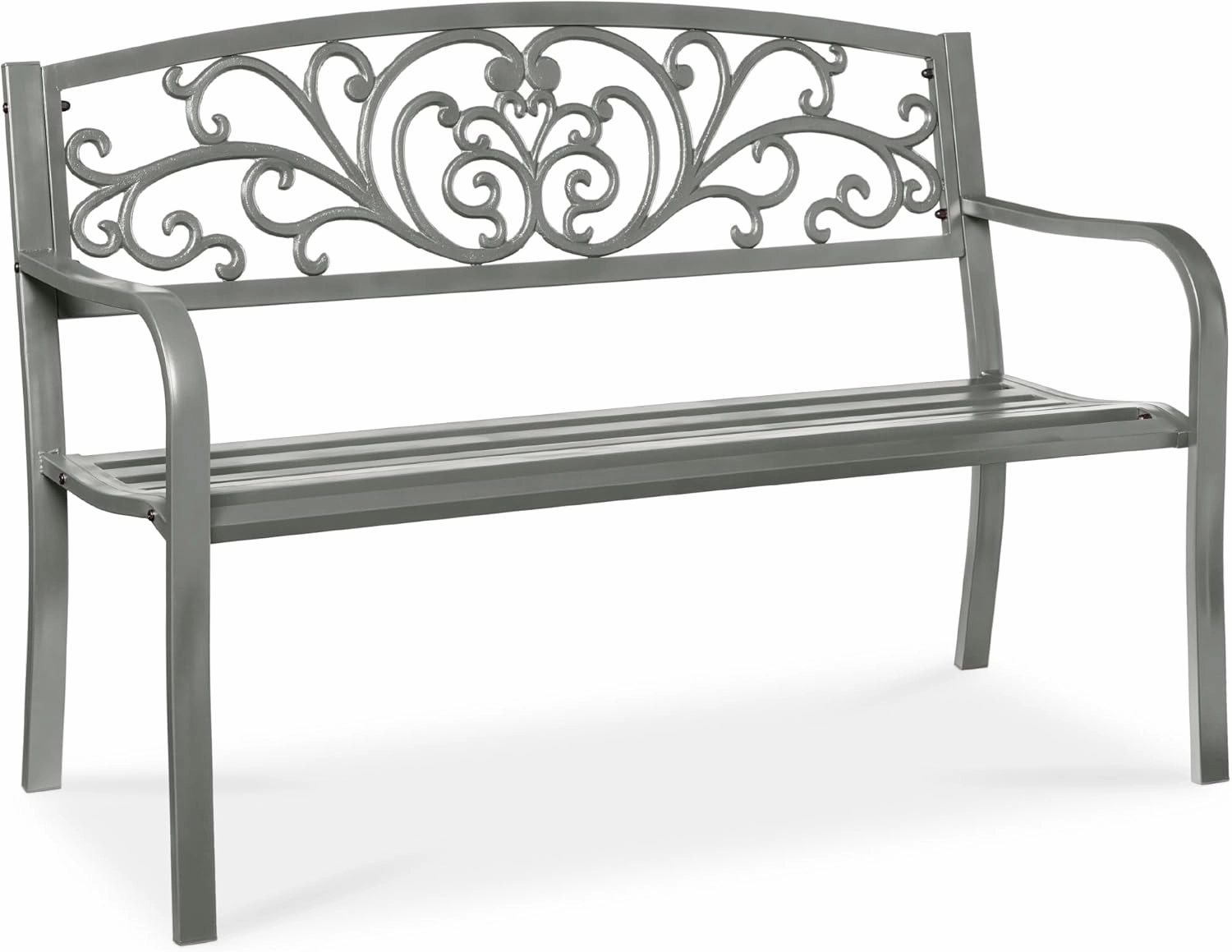Best Choice Products Outdoor Bench Steel Garden Patio Porch Furniture for Lawn, Park, Deck w/Floral Design Backrest, Slatted Seat - Gray