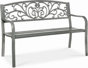 Best Choice Products Outdoor Bench Steel Garden Patio Porch Furniture for Lawn, Park, Deck w/Floral Design Backrest, Slatted Seat - Gray