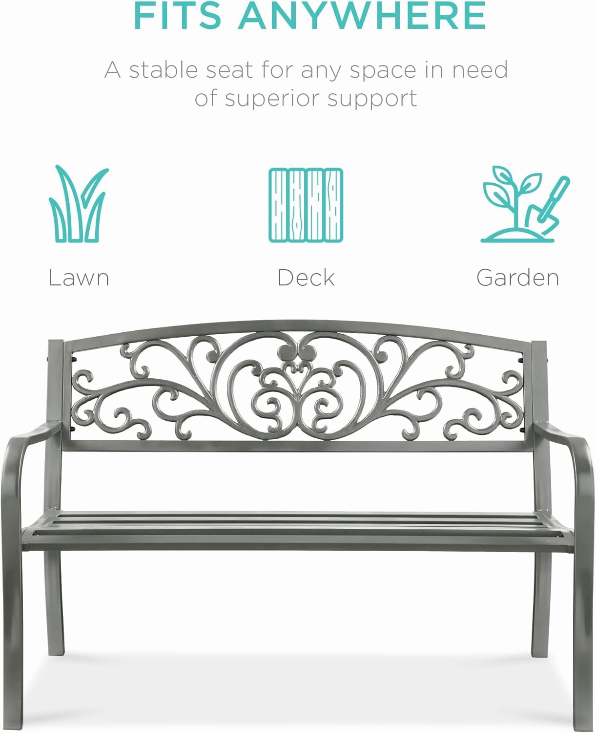 Best Choice Products Outdoor Bench Steel Garden Patio Porch Furniture for Lawn, Park, Deck w/Floral Design Backrest, Slatted Seat - Gray