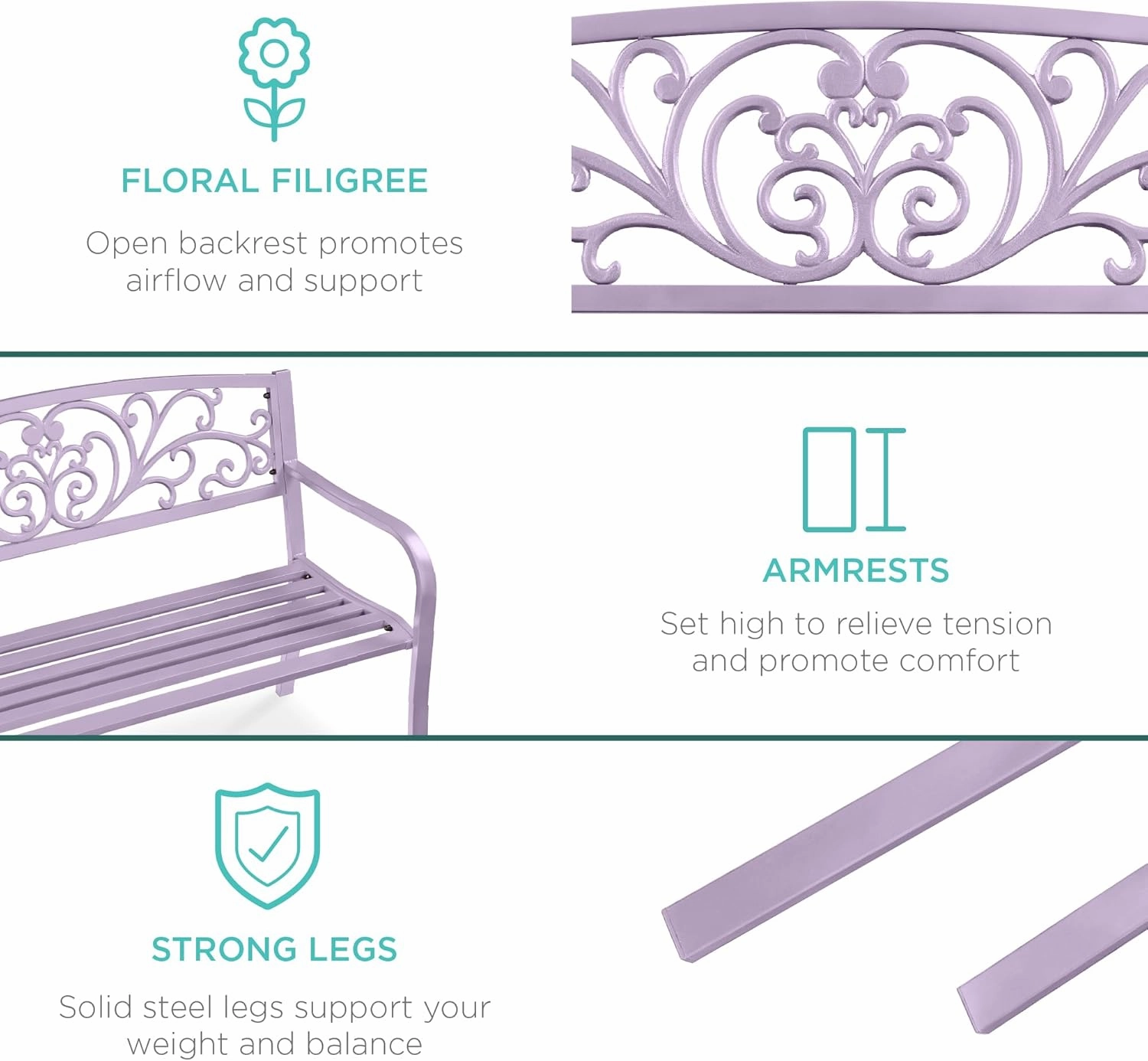 Best Choice Products Outdoor Bench Steel Garden Patio Porch Furniture for Lawn, Park, Deck w/Floral Design Backrest, Slatted Seat - Lavender