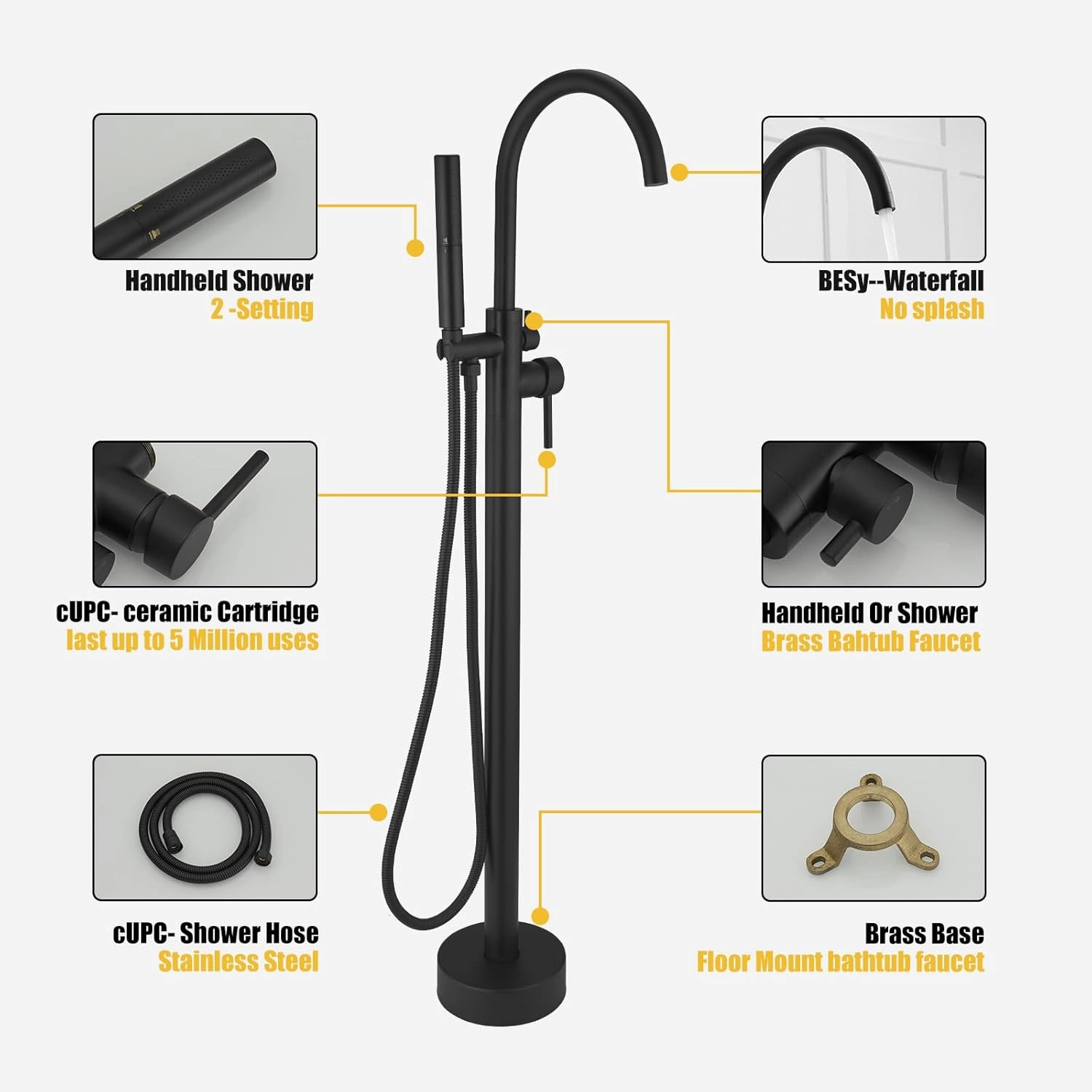 BESy Freestanding Bathtub Faucet Tub Filler Free Standing Floor Mount Stand Brass Bathroom Tub Faucets with 2 Function Hand Shower Wand Swivel, Matte Black Finish