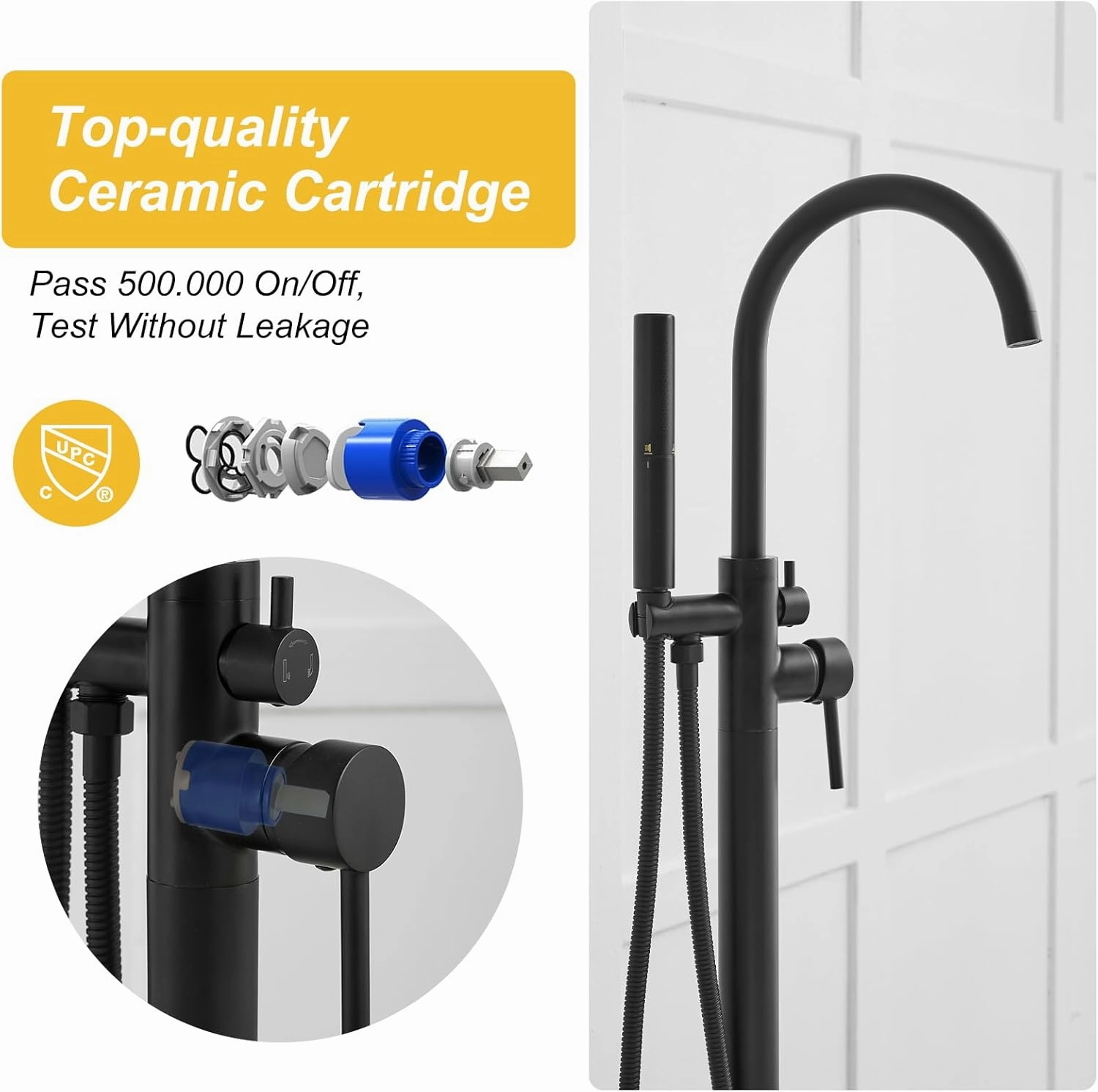 BESy Freestanding Bathtub Faucet Tub Filler Free Standing Floor Mount Stand Brass Bathroom Tub Faucets with 2 Function Hand Shower Wand Swivel, Matte Black Finish