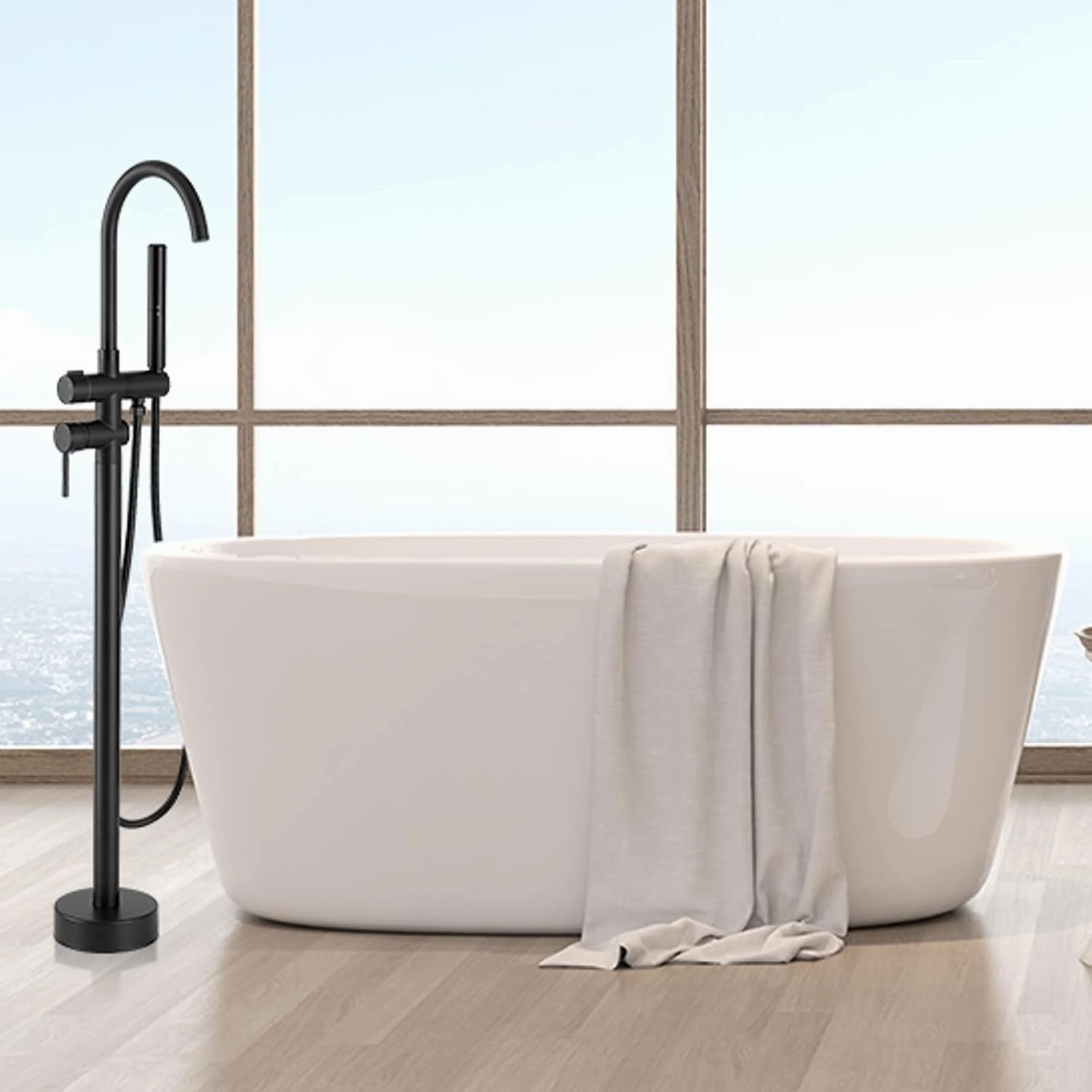 BESy Freestanding Bathtub Faucet Tub Filler Free Standing Floor Mount Stand Brass Bathroom Tub Faucets with 2 Function Hand Shower Wand Swivel, Matte Black Finish