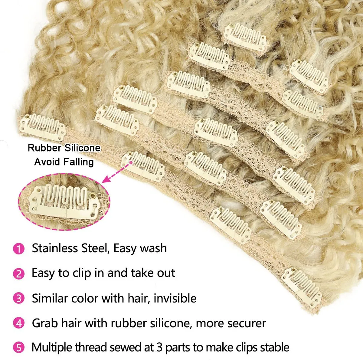 BHF 26 inch Kinky Curly Clip In Hair Extension, Double Weft Full Head Japanese Heat Resistance Fiber 140g Synthetic Hair Extensions For Women 7pieces (#P18/613)