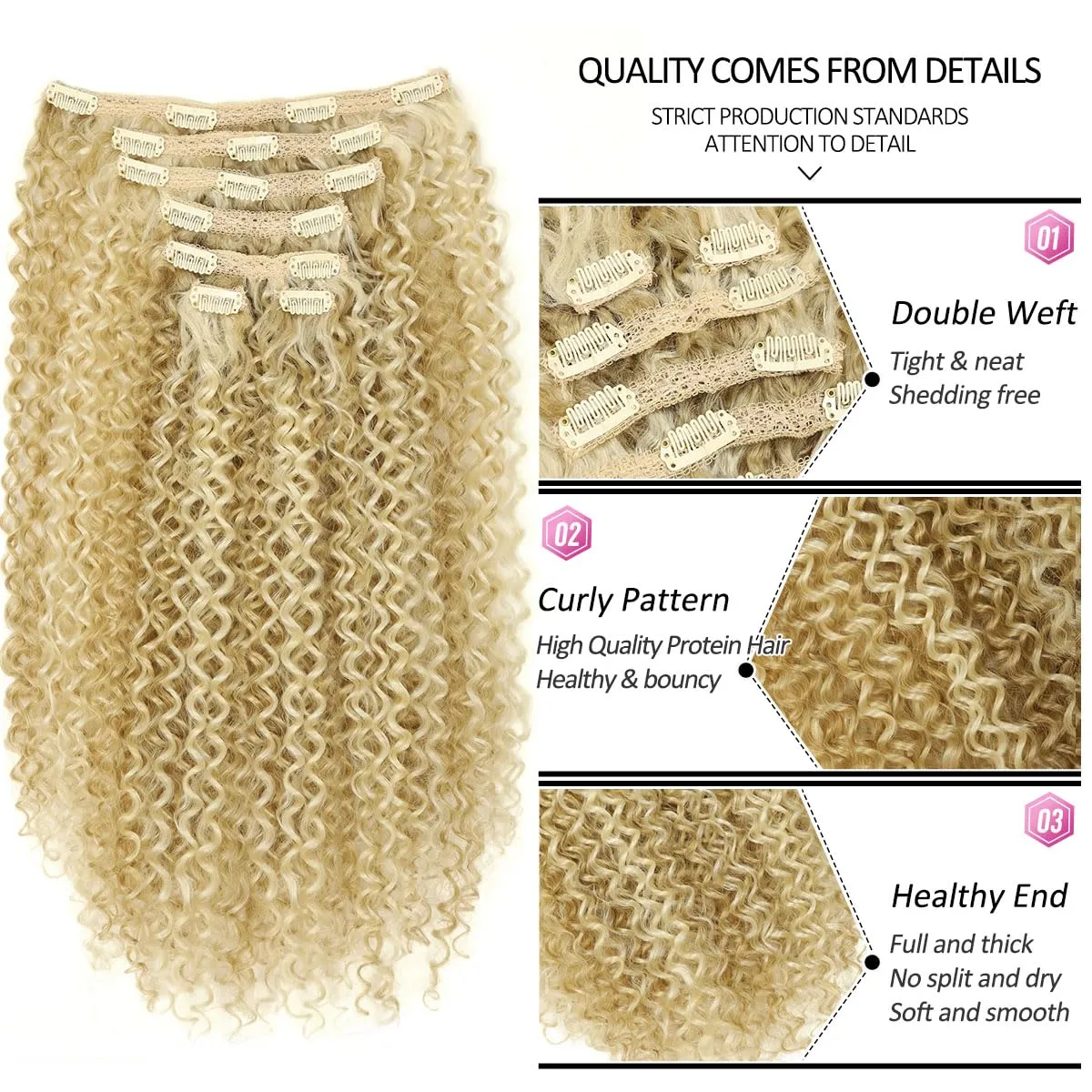 BHF 26 inch Kinky Curly Clip In Hair Extension, Double Weft Full Head Japanese Heat Resistance Fiber 140g Synthetic Hair Extensions For Women 7pieces (#P18/613)