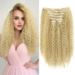BHF 26 inch Kinky Curly Clip In Hair Extension, Double Weft Full Head Japanese Heat Resistance Fiber 140g Synthetic Hair Extensions For Women 7pieces (#P18/613)