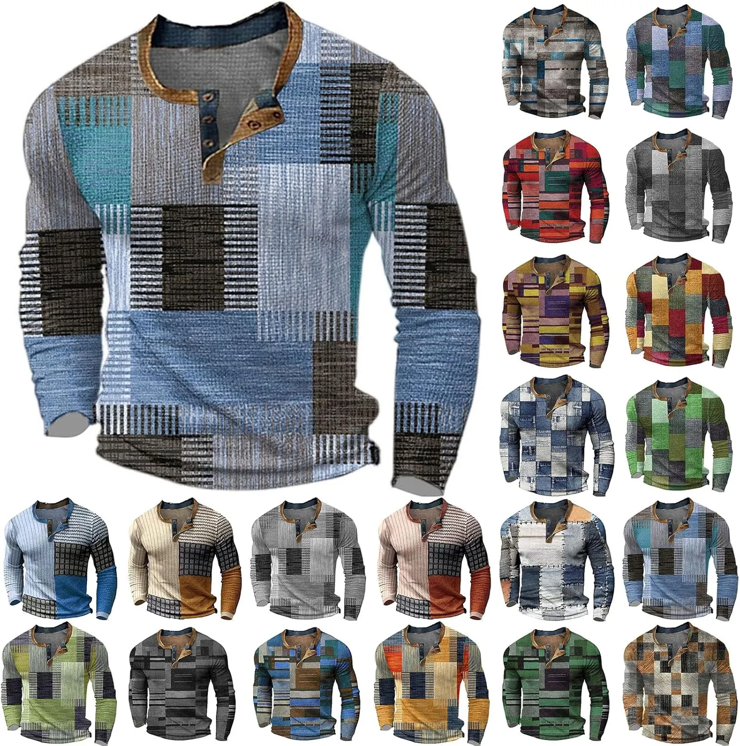Big and Tall Casual Henley Shirts for Men Long Sleeve Vintage Tee Shirts Contrast Button Down Washed Country Shirt