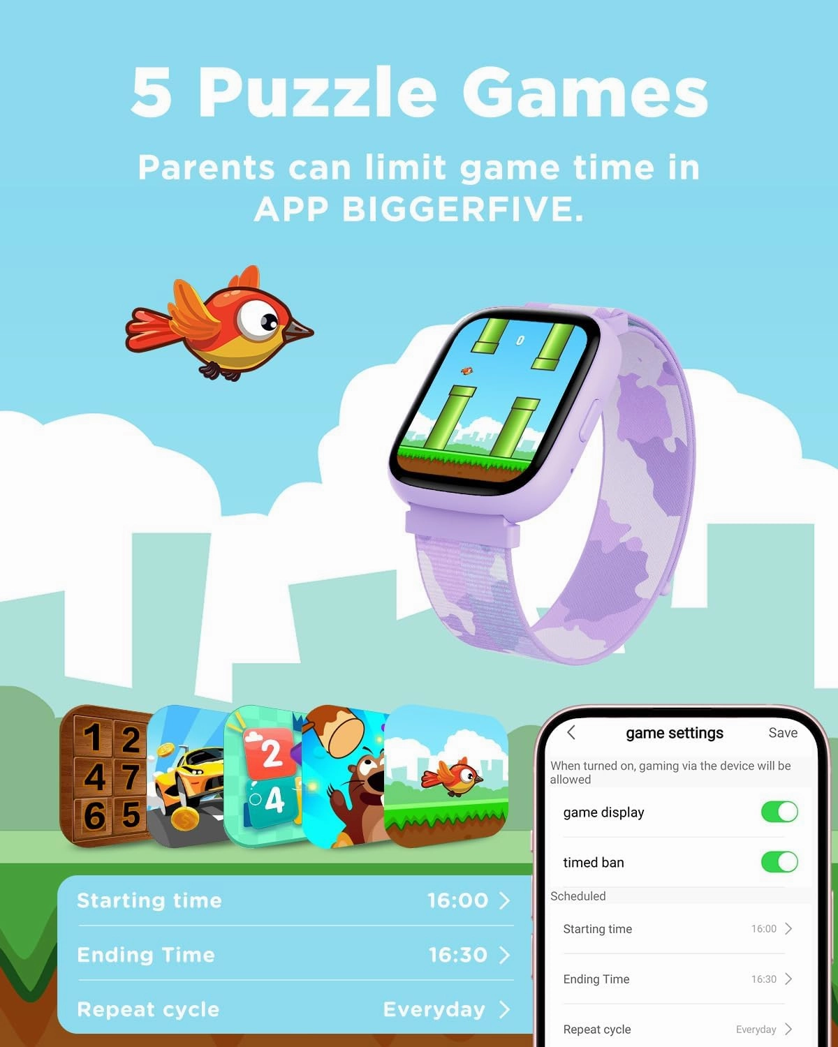 BIGGERFIVE Smart Watch for Kids, 1.8" Fitness Tracker Watch Pedometer, Heart Rate, Sleep Monitor, IP68 Waterproof, Calorie Step Counter, Puzzle Game with/Without APP for Girls Teens 5-16, 2 Straps