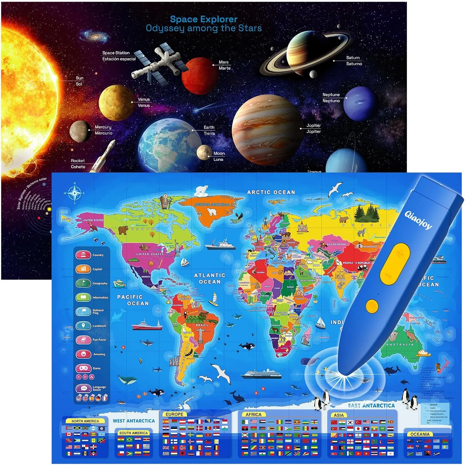 Bilingual Interactive Space and World Map Set – Talking Learning Poster with Audio Pen for Kids 3-12, Fun Educational Toy for Early STEM Learning, Geography and Astronomy Gift for Classroom and Home