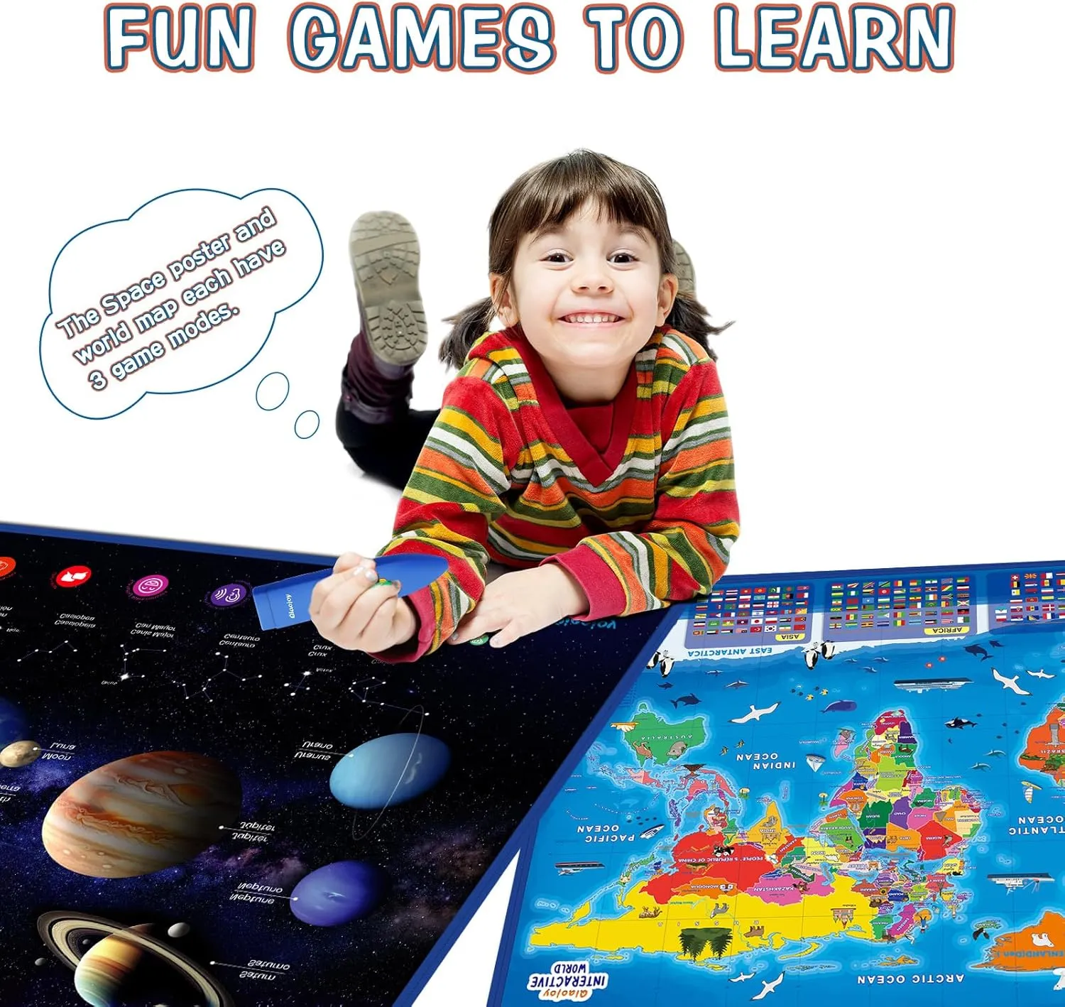 Bilingual Interactive Space and World Map Set – Talking Learning Poster with Audio Pen for Kids 3-12, Fun Educational Toy for Early STEM Learning, Geography and Astronomy Gift for Classroom and Home