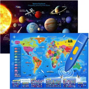 Bilingual Interactive Space and World Map Set – Talking Learning Poster with Audio Pen for Kids 3-12, Fun Educational Toy for Early STEM Learning, Geography and Astronomy Gift for Classroom and Home