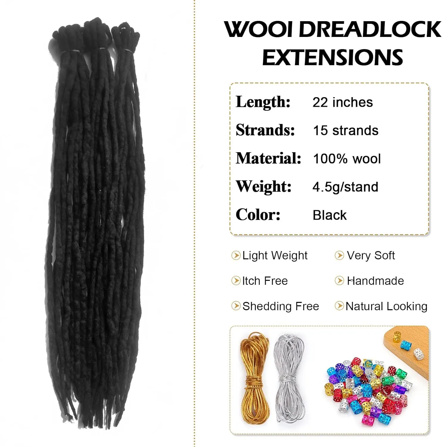 Black Wool Dreadlock Extensions - Handmade Black 22 Inches Double Ended Braid-in Dreads, 15 Strands Hippie Locs DE Ends Stylish Crochet Dreads Extensions