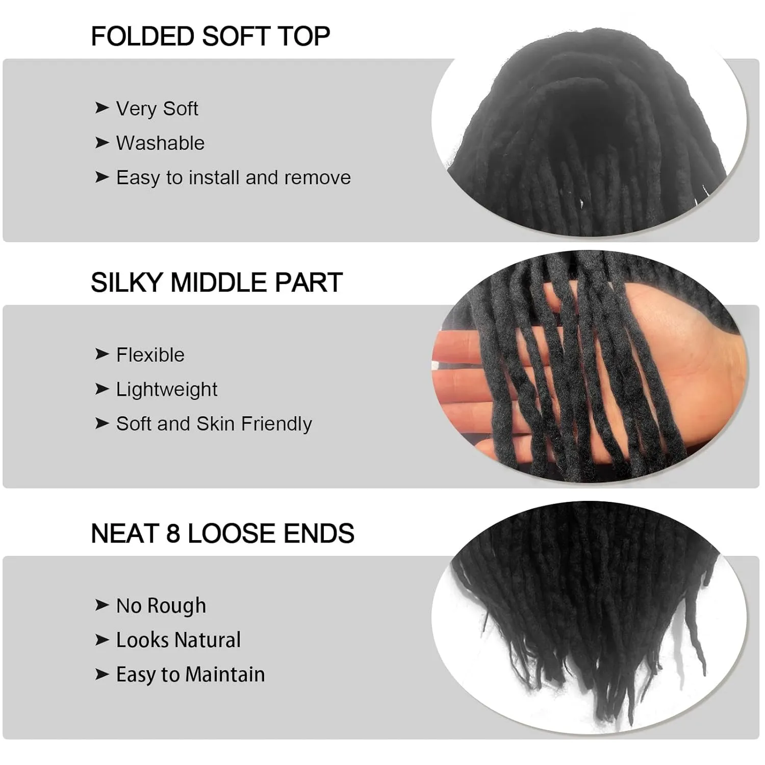 Black Wool Dreadlock Extensions - Handmade Black 22 Inches Double Ended Braid-in Dreads, 15 Strands Hippie Locs DE Ends Stylish Crochet Dreads Extensions