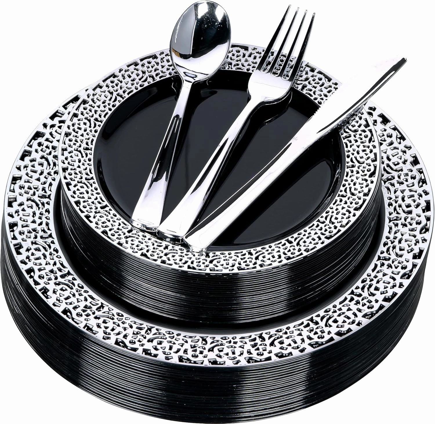 Black Silver Plastic Plates and Silverware - 125 Pcs Disposable Premium Plastic Dinnerware Set – Reusable Dinner Plates, Forks, Spoons, Knives – Birthday Parties, Wedding, Halloween, Christmas