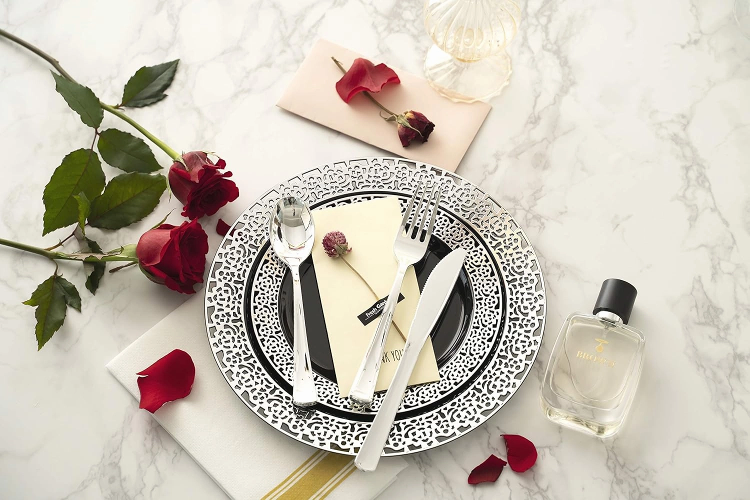 Black Silver Plastic Plates and Silverware - 125 Pcs Disposable Premium Plastic Dinnerware Set – Reusable Dinner Plates, Forks, Spoons, Knives – Birthday Parties, Wedding, Halloween, Christmas