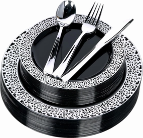 Black Silver Plastic Plates and Silverware - 125 Pcs Disposable Premium Plastic Dinnerware Set – Reusable Dinner Plates, Forks, Spoons, Knives – Birthday Parties, Wedding, Halloween, Christmas