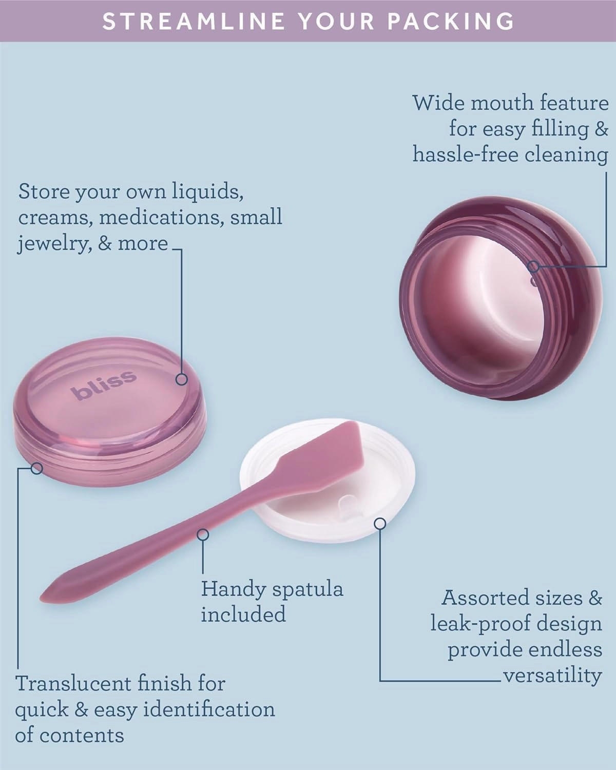 Bliss Travel Bottles Set - 4/7/10 Piece TSA Approved Leak-Free Refillable Travel Size Toiletries Containers for Skincare, Lotion, Shampoo, and Conditioner, 10pc Mauve