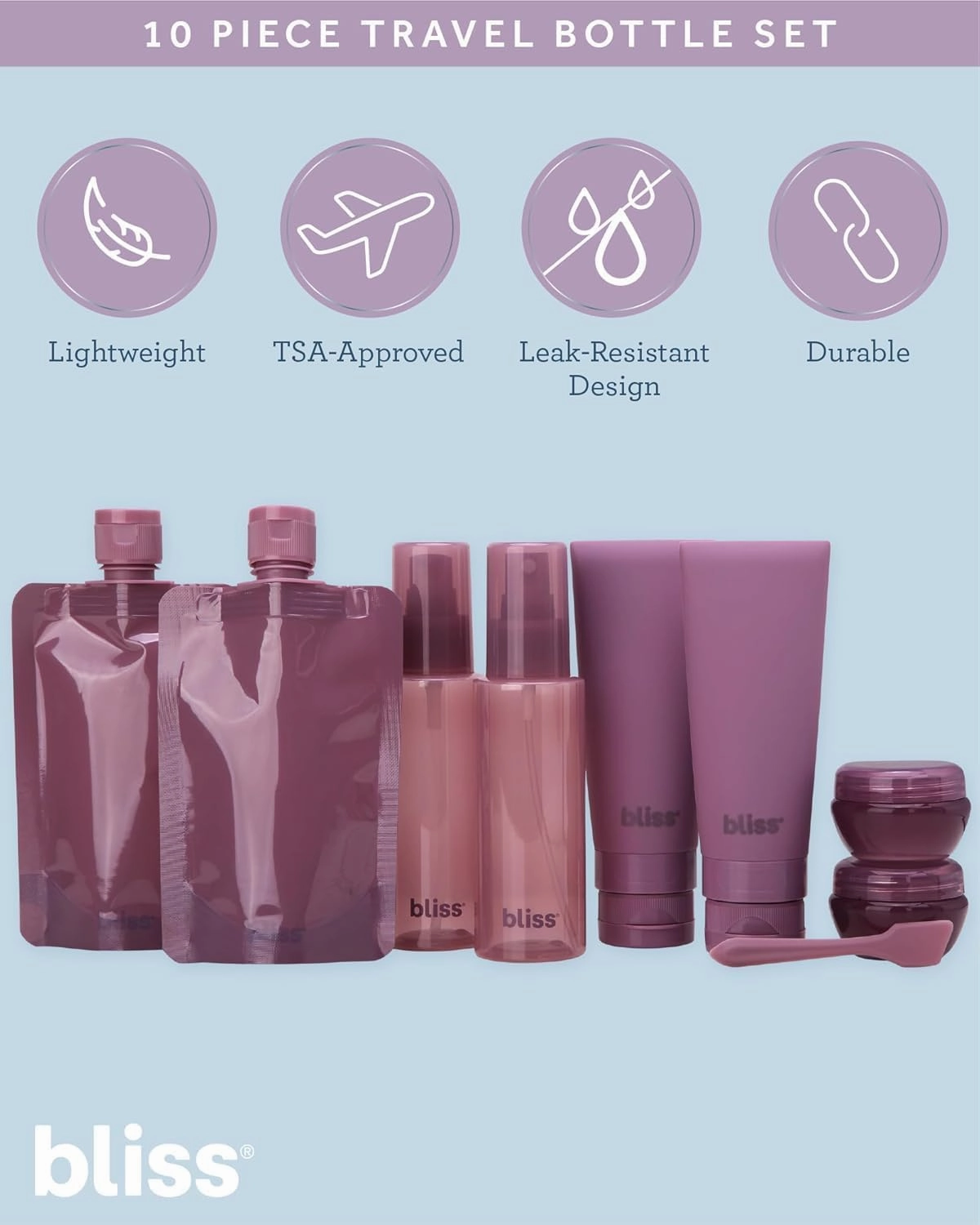 Bliss Travel Bottles Set - 4/7/10 Piece TSA Approved Leak-Free Refillable Travel Size Toiletries Containers for Skincare, Lotion, Shampoo, and Conditioner, 10pc Mauve