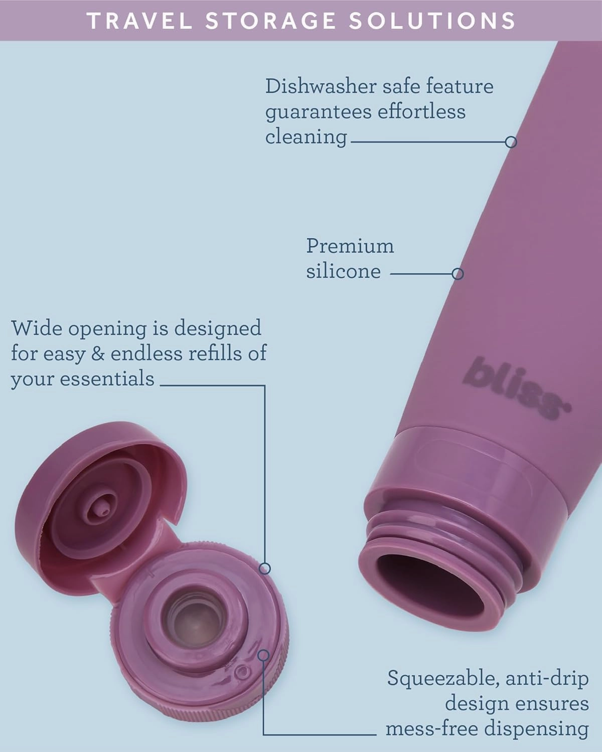 Bliss Travel Bottles Set - 4/7/10 Piece TSA Approved Leak-Free Refillable Travel Size Toiletries Containers for Skincare, Lotion, Shampoo, and Conditioner, 10pc Mauve