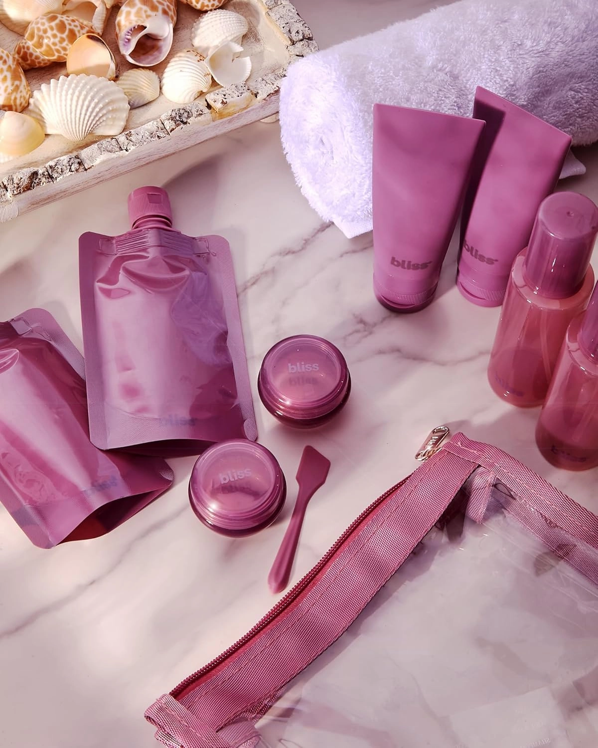 Bliss Travel Bottles Set - 4/7/10 Piece TSA Approved Leak-Free Refillable Travel Size Toiletries Containers for Skincare, Lotion, Shampoo, and Conditioner, 10pc Mauve