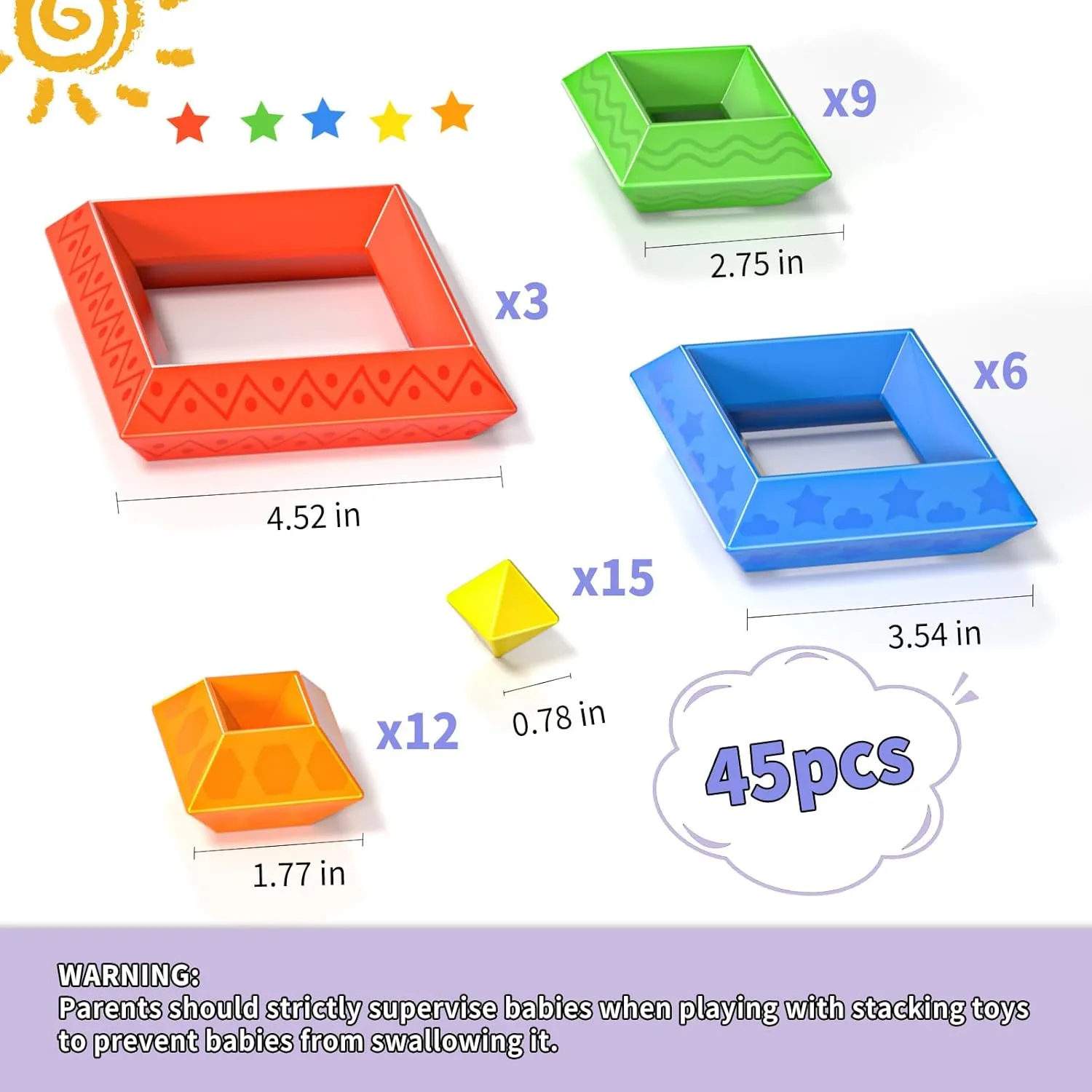 Blocks Building Toys for Toddlers 1-3 3-5, Pyramid Stacking Blocks Preschool Educational Toys for Ages 2 3 4 5 6 Boys & Girls Learning Stem Sensory Toys Kids Birthday, 45PCS