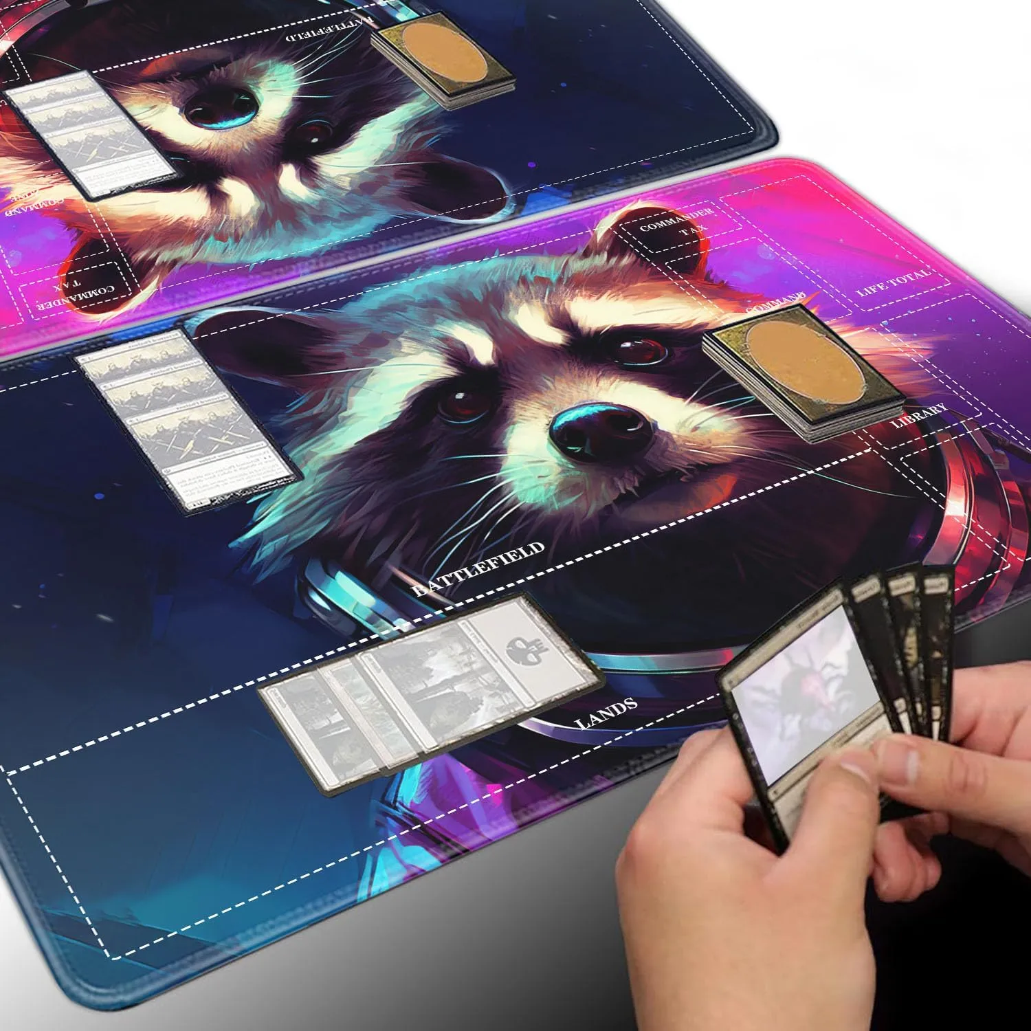 Board Game for TCG Playmat Table Mats Games Size 60X35 cm Mousepad Compatible for MTG RPG CCG Trading Card Game Play mats with 6 Dice (Playmat with Zones 25) Cartoon Raccoon 2