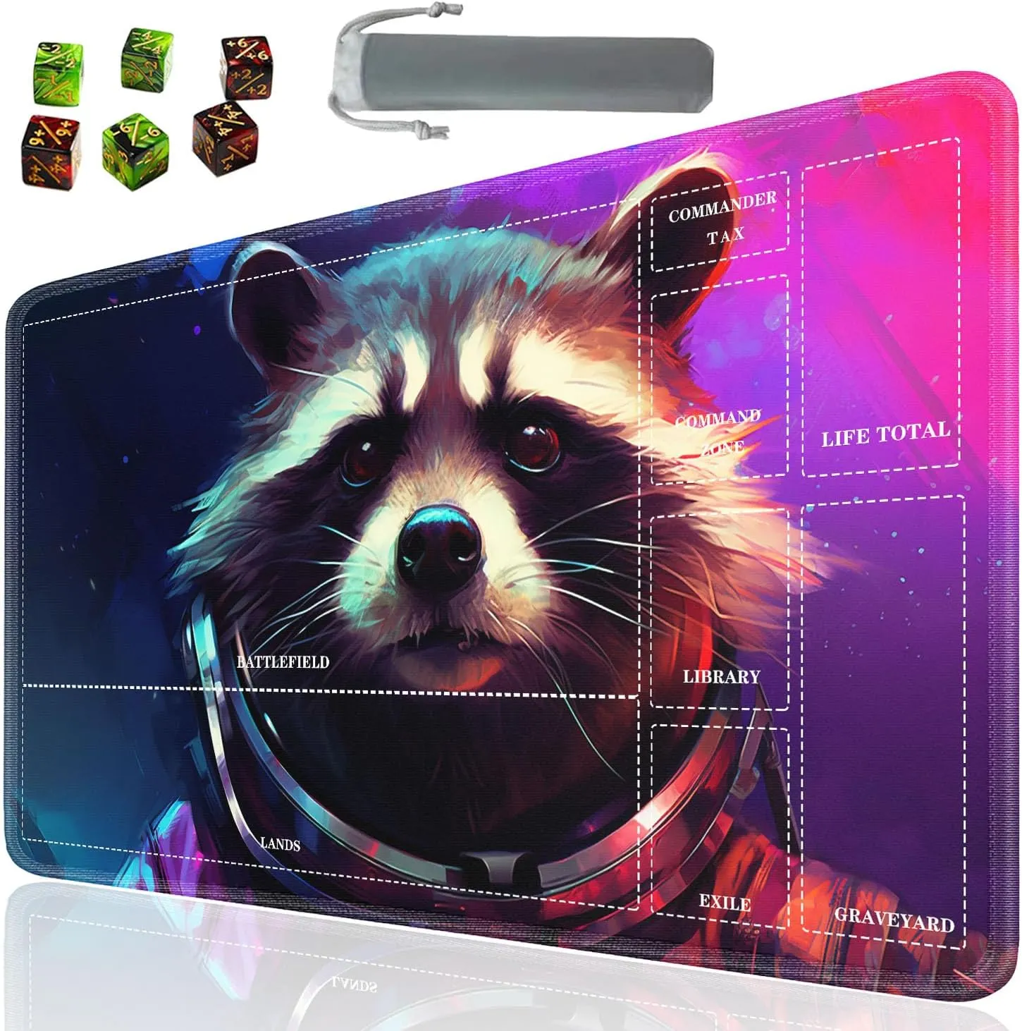 Board Game for TCG Playmat Table Mats Games Size 60X35 cm Mousepad Compatible for MTG RPG CCG Trading Card Game Play mats with 6 Dice (Playmat with Zones 25) Cartoon Raccoon 2