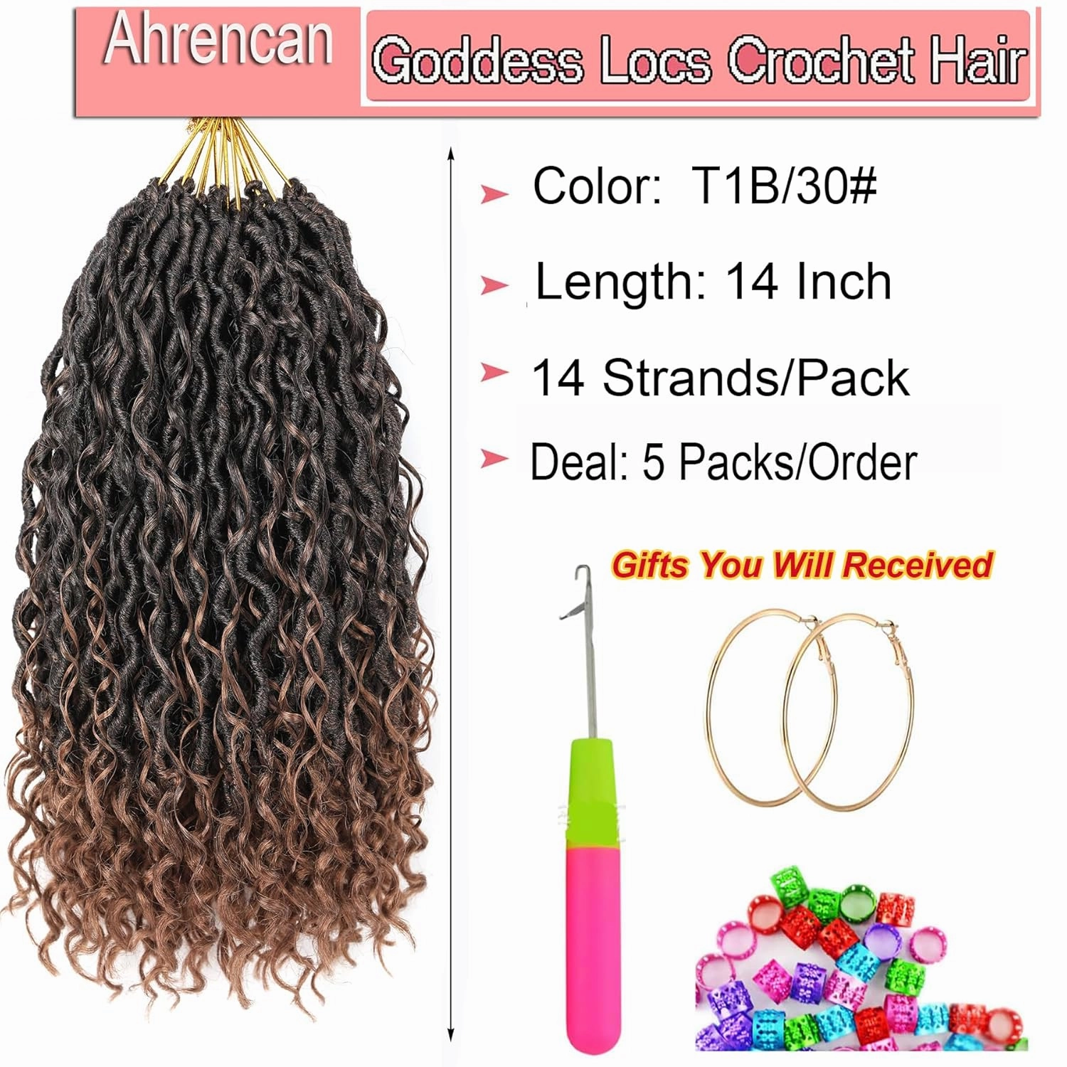 Boho Goddess Locs Crochet Hair,14 Inch 5 Packs Ombre Faux Locs Crochet Hair Extension For Black Women, Short Pre Looped Hippie River Locs Crochet Braids With Curly Ends(5 Packs,14in,T1B/30#)