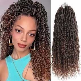 Boho Goddess Locs Crochet Hair,14 Inch 5 Packs Ombre Faux Locs Crochet Hair Extension For Black Women, Short Pre Looped Hippie River Locs Crochet Braids With Curly Ends(5 Packs,14in,T1B/30#)