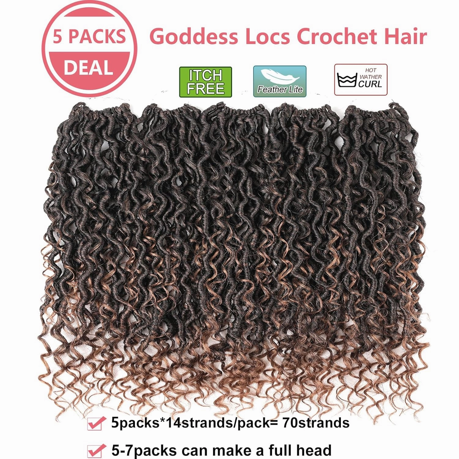 Boho Goddess Locs Crochet Hair,14 Inch 5 Packs Ombre Faux Locs Crochet Hair Extension For Black Women, Short Pre Looped Hippie River Locs Crochet Braids With Curly Ends(5 Packs,14in,T1B/30#)