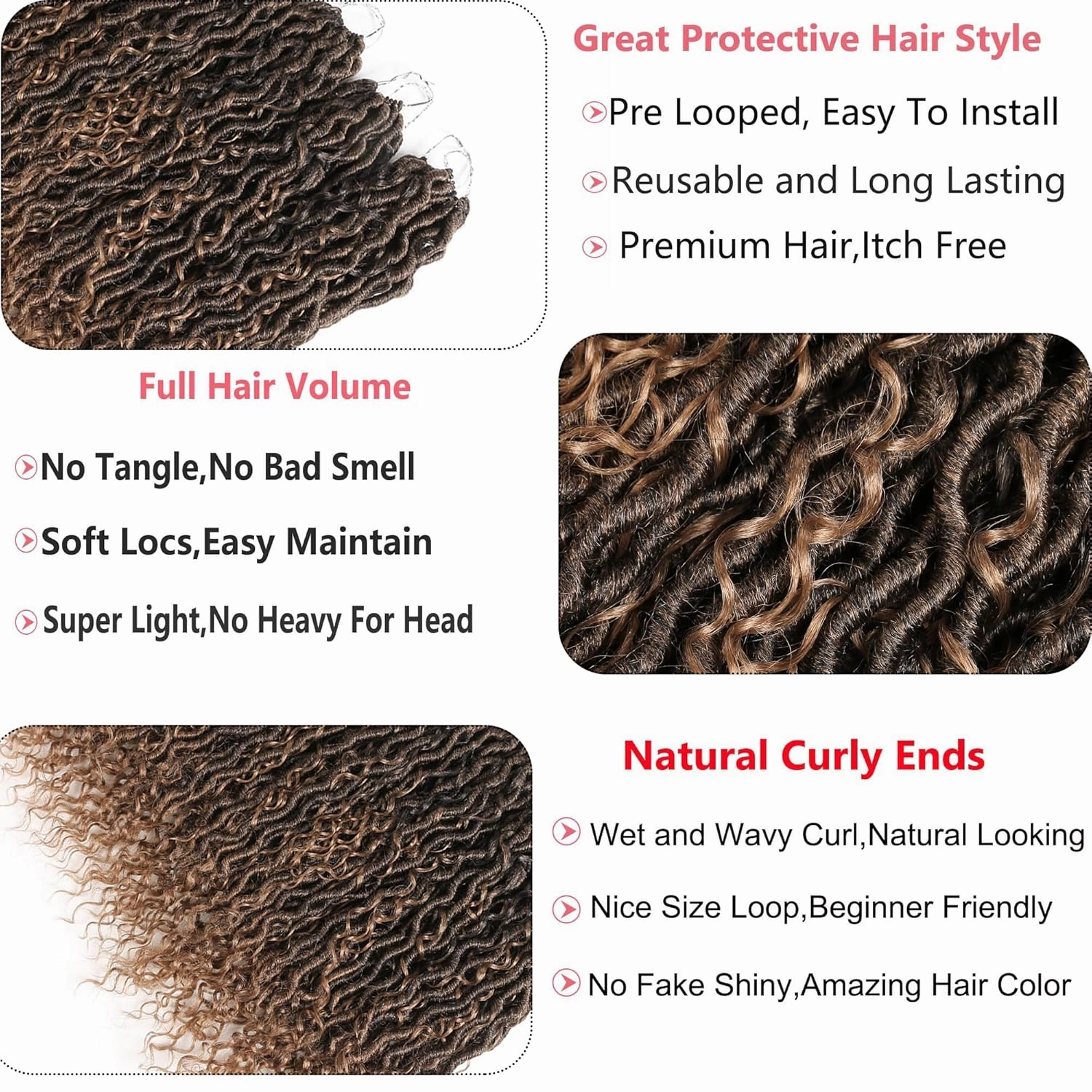 Boho Goddess Locs Crochet Hair,14 Inch 5 Packs Ombre Faux Locs Crochet Hair Extension For Black Women, Short Pre Looped Hippie River Locs Crochet Braids With Curly Ends(5 Packs,14in,T1B/30#)