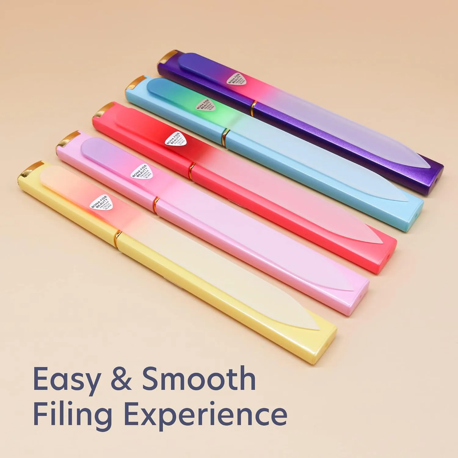 Bona Fide Beauty Czech Glass Nail File Set with Hard Cases, 5 Pack Reusable Crystal Etched Fingernail Files