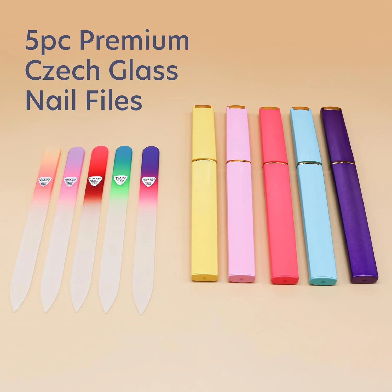 Bona Fide Beauty Czech Glass Nail File Set with Hard Cases, 5 Pack Reusable Crystal Etched Fingernail Files