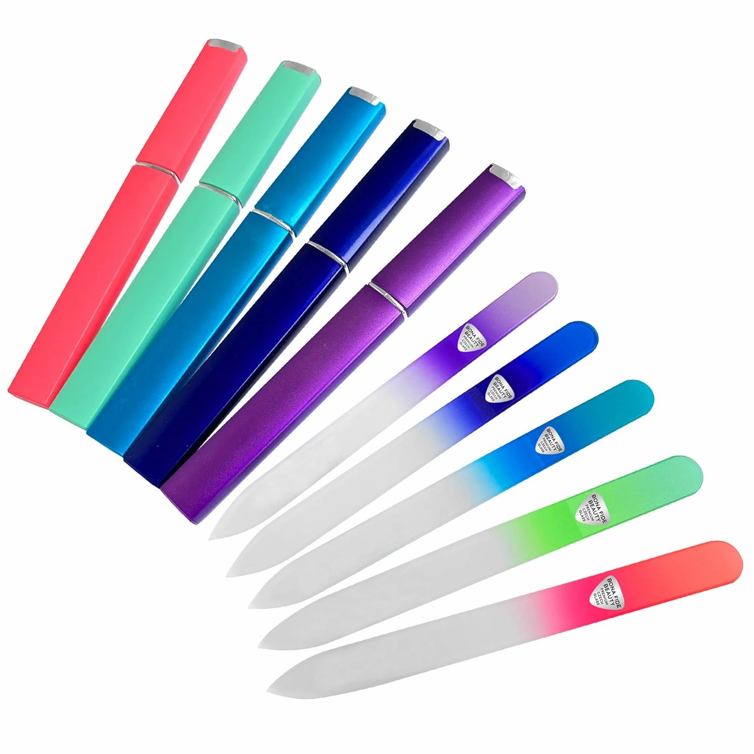 BONA FIDE BEAUTY Czech Glass Files for Nails, 5-Pieces Manicure Glass Fingernail Files with Cases (Malibu Color Set)