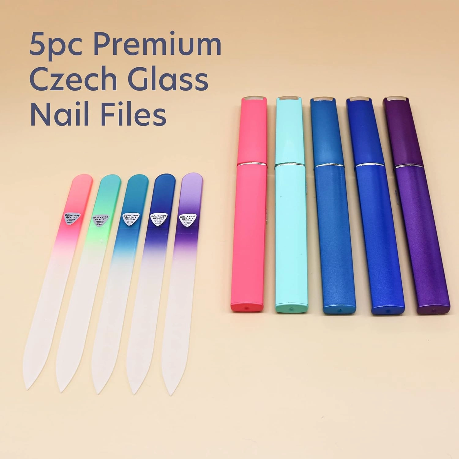 BONA FIDE BEAUTY Czech Glass Files for Nails, 5-Pieces Manicure Glass Fingernail Files with Cases (Malibu Color Set)