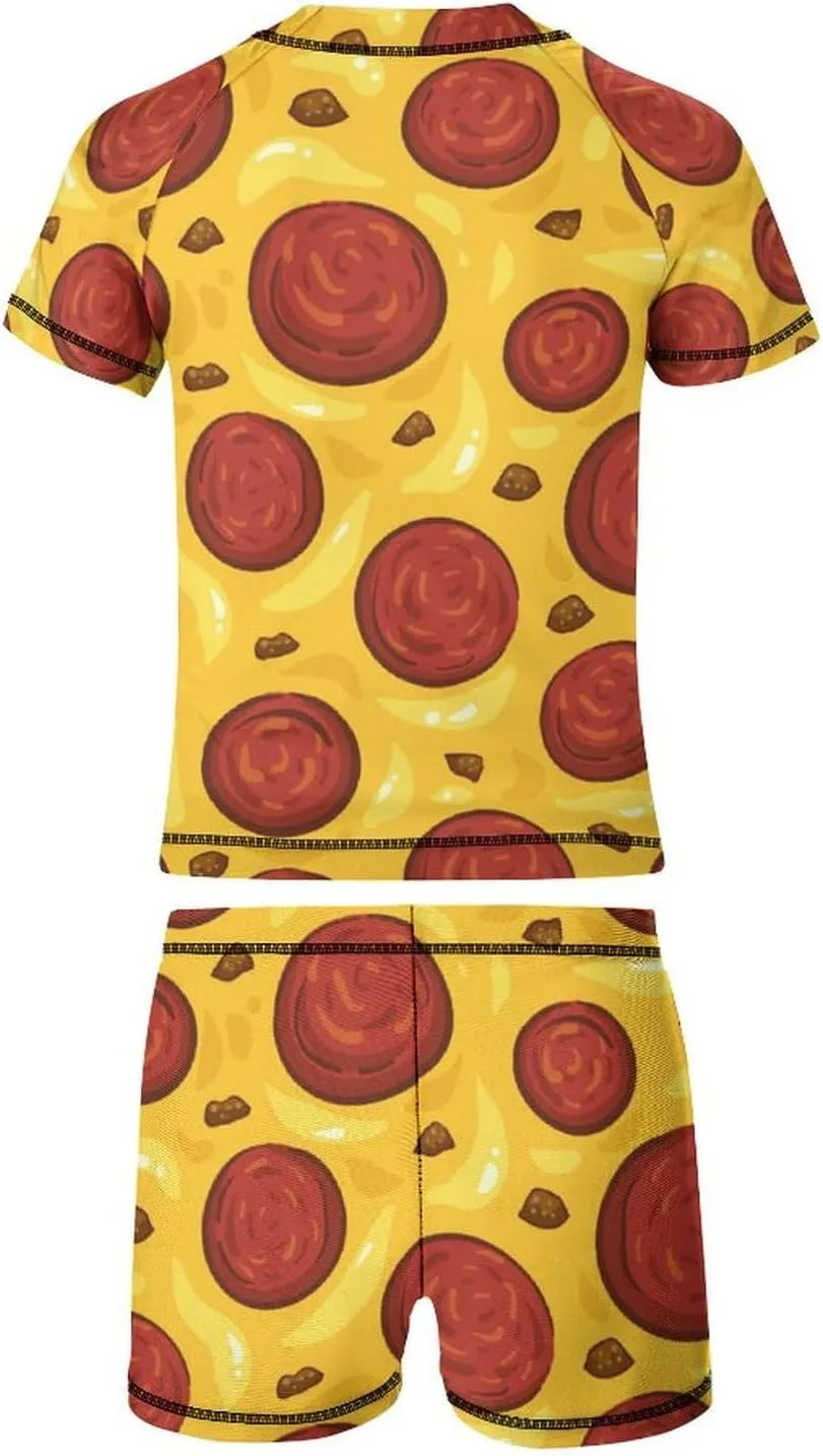 Boys Two Piece Rash Guard Swimsuits Pepperoni Pizza Food Kids Short Sleeve Sunsuit Swimwear Sets