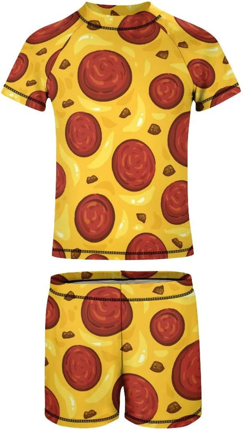 Boys Two Piece Rash Guard Swimsuits Pepperoni Pizza Food Kids Short Sleeve Sunsuit Swimwear Sets